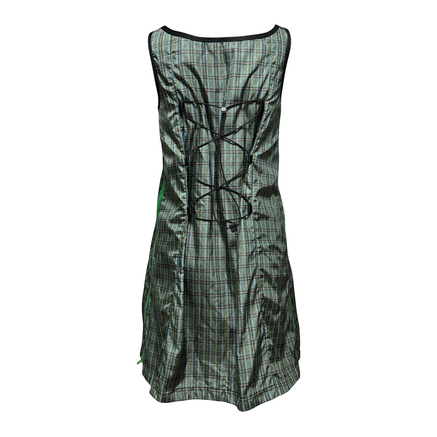 PRADA Nylon Acqua Checkered Laced Up Midi Dress