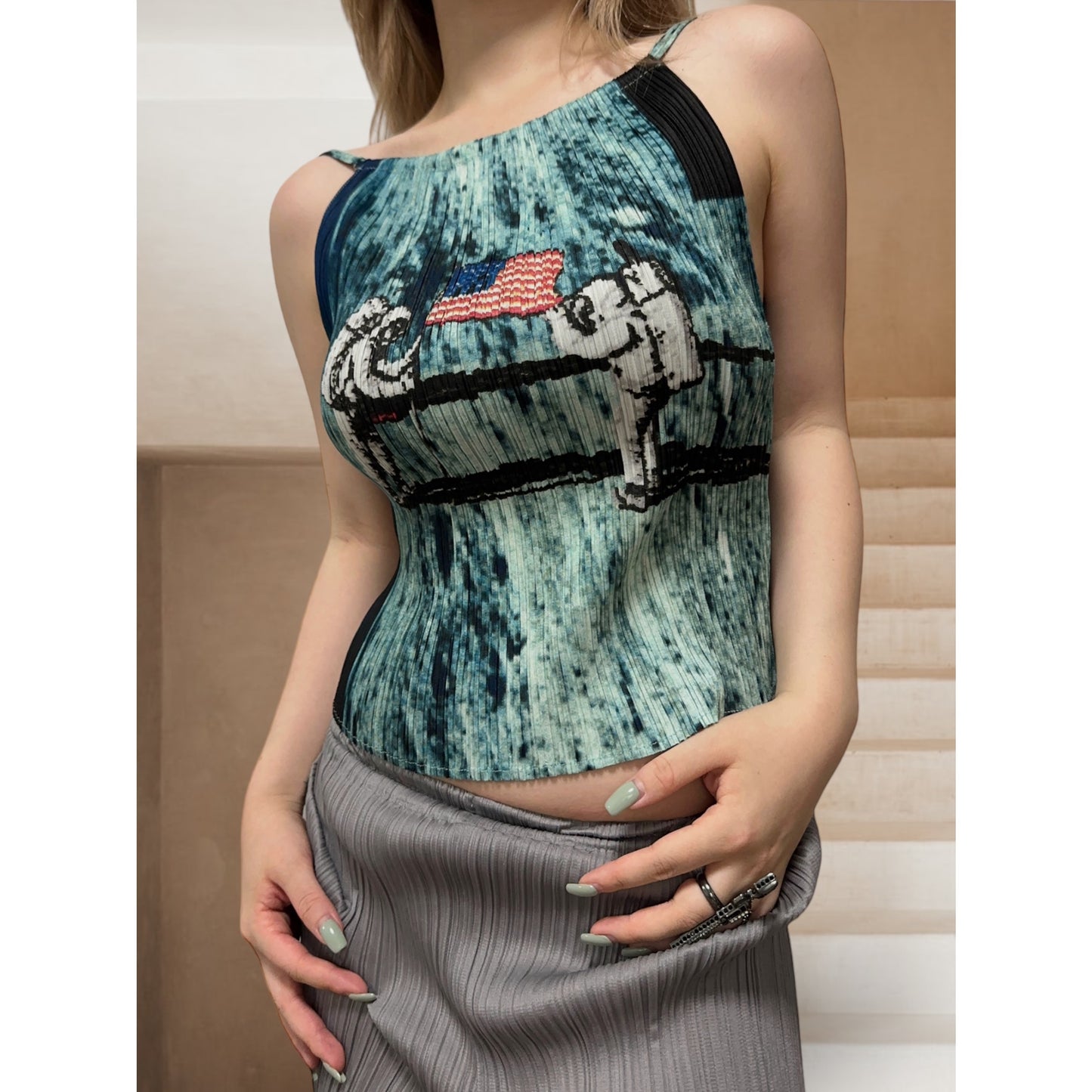 PLEATS PLEASE ISSEY MIYAKE Apollo Moon Landing Print Pleated Top