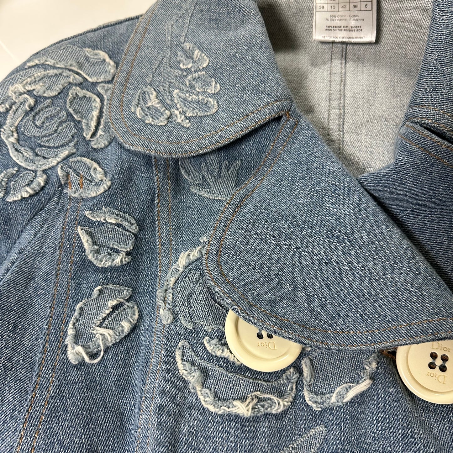 CHRISTIAN DIOR Spring Summer 2005 Flower Patchwork Button Up Denim Jacket