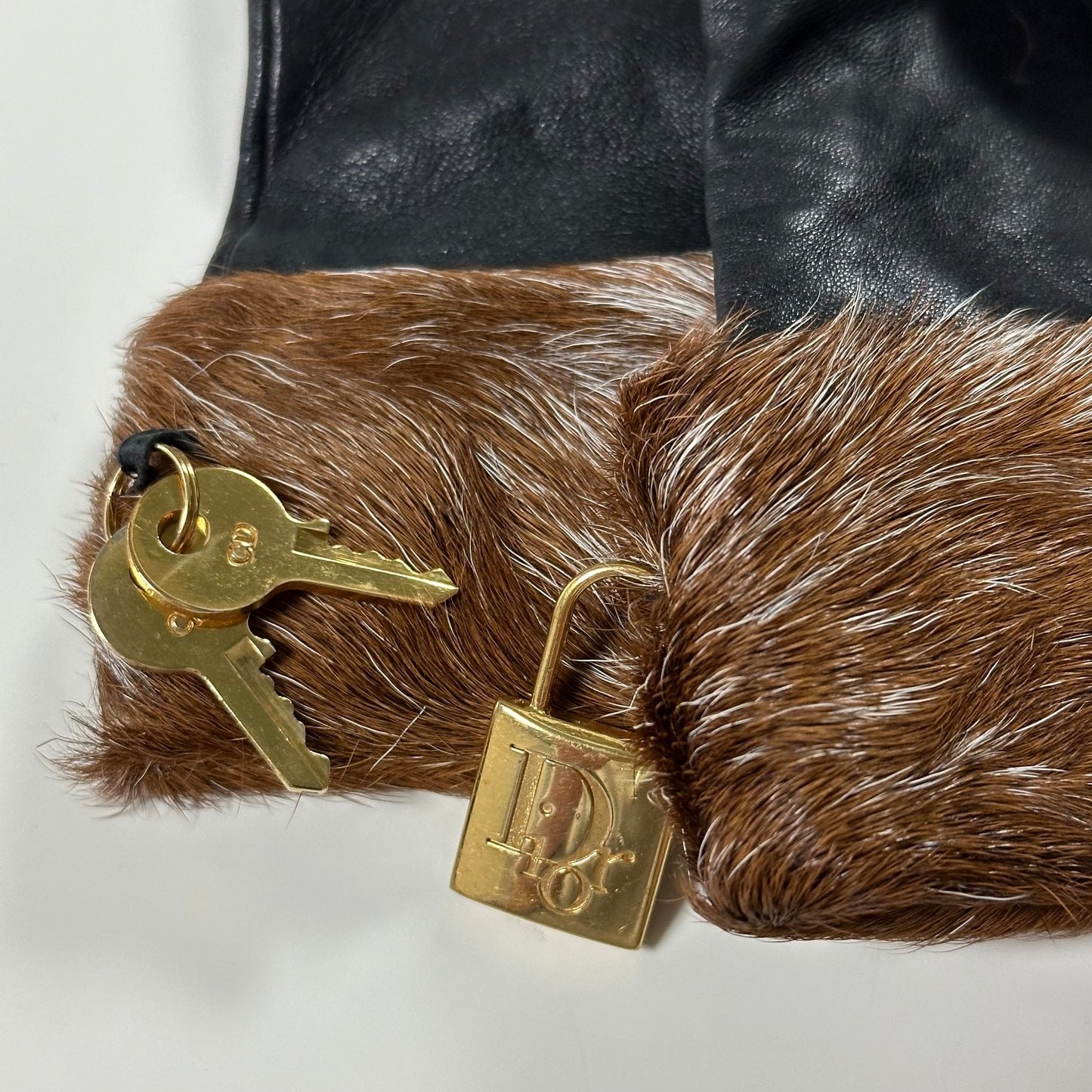 CHRISTIAN DIOR Fur Trim Leather Gloves with Lock and Key Charm