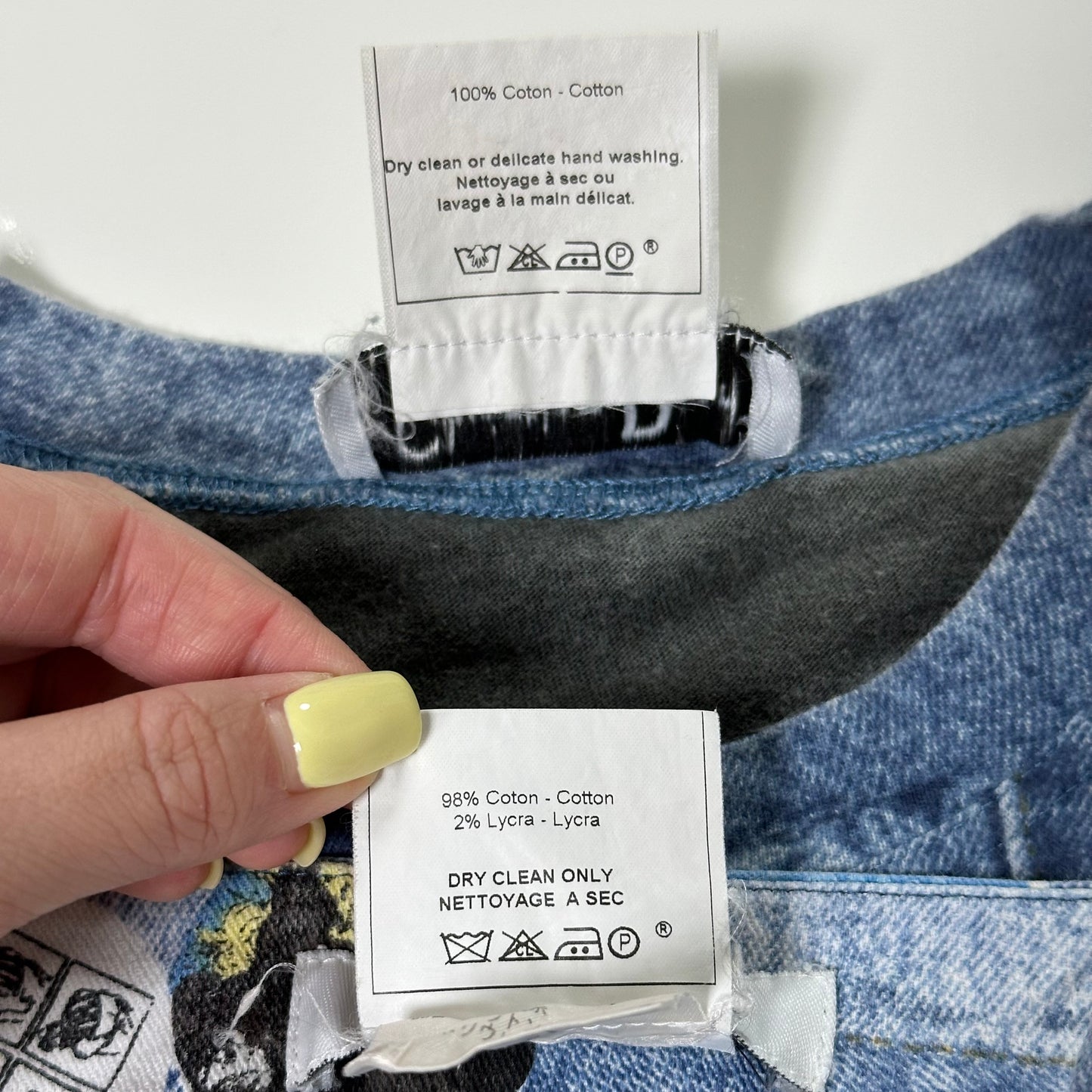 CHRISTIAN DIOR Fall Winter 2001 "Miss Diorella" Patchwork Denim Print T-Shirt and High Rise Midi Skirt Set Up