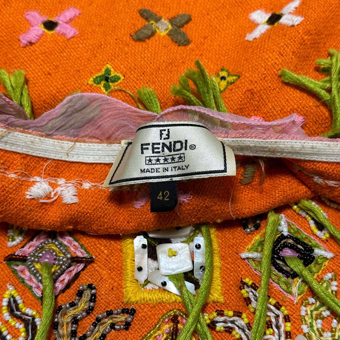 FENDI Spring Summer 2000 Floral Embroidered Fringe Beaded Chiffon Trim Midi Skirt