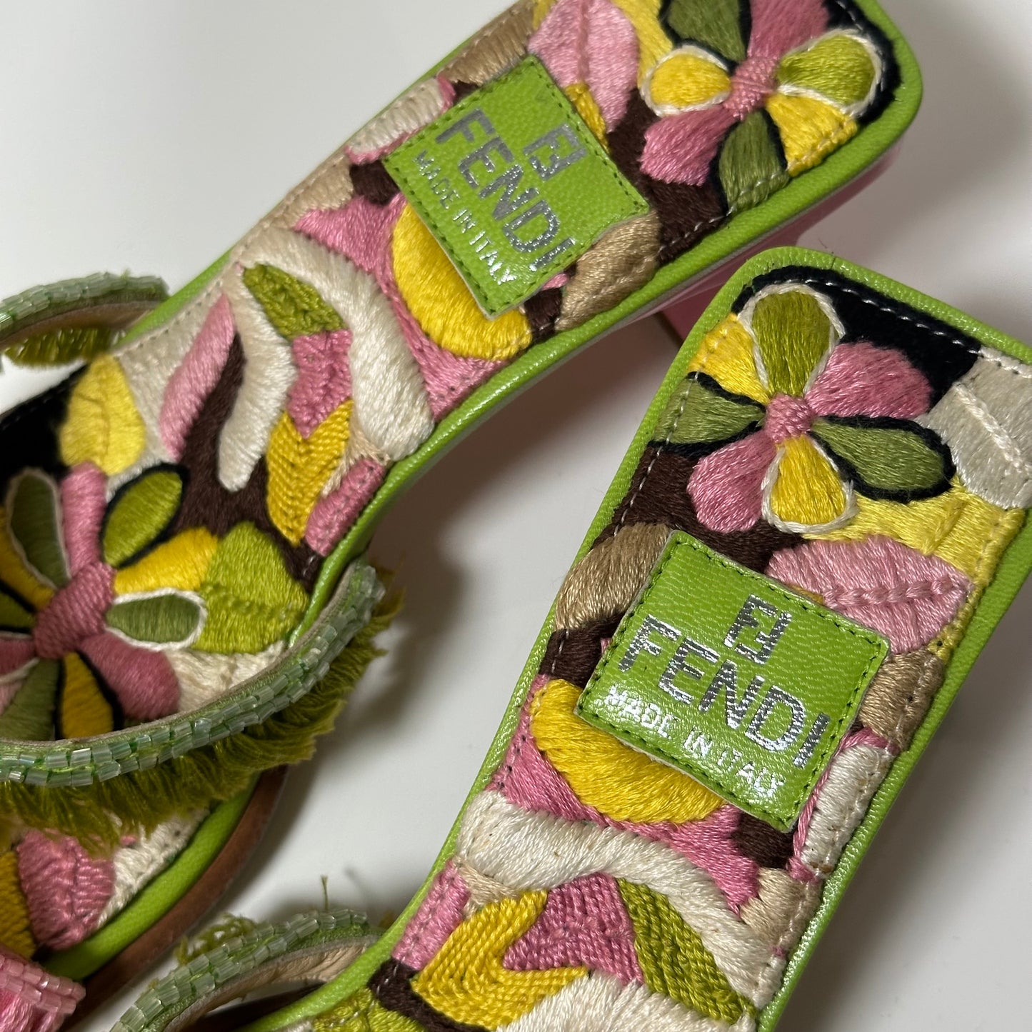FENDI Spring Summer 2000 Floral Embroidered Fringe Beaded Sandals