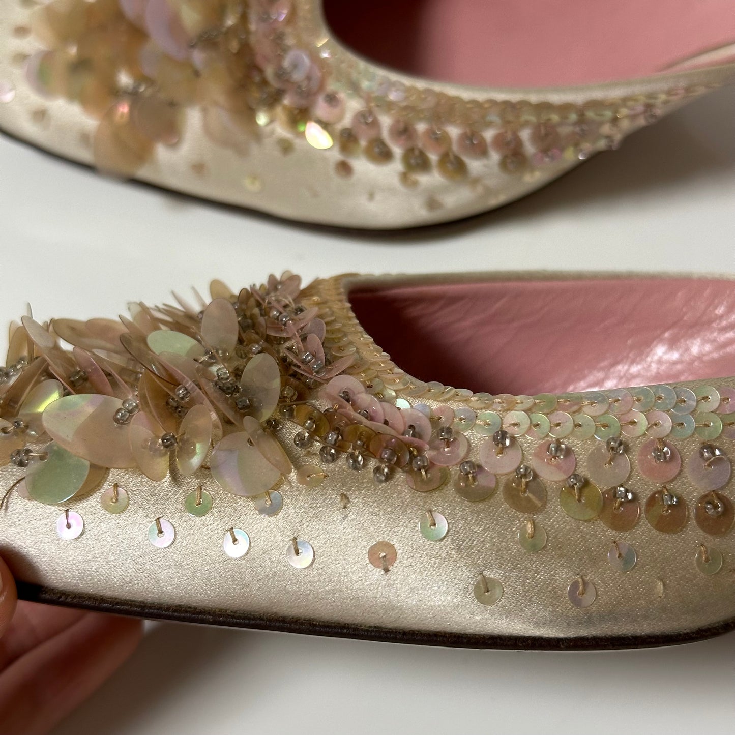 PRADA Spring Summer 2000 Raso Luce Satin Sequins Embellished Sandals