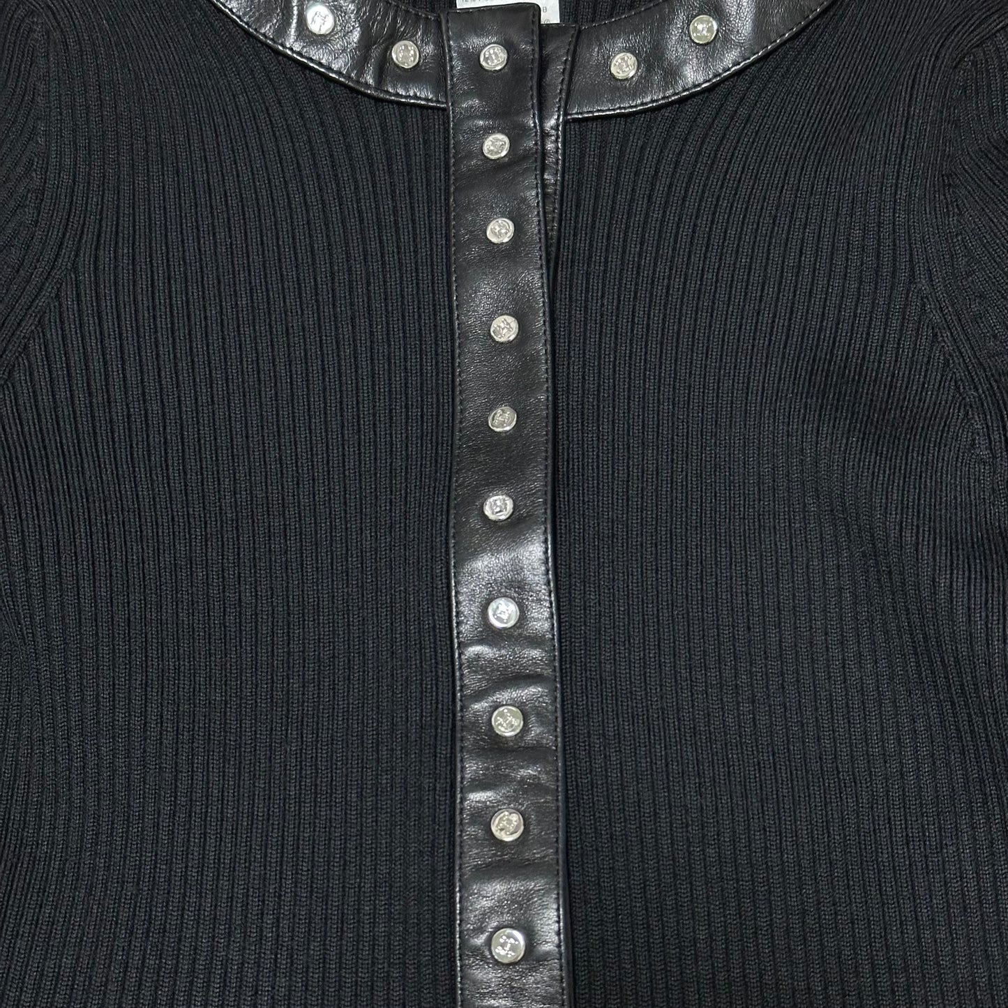 CELINE Studded Leather Trim Ribbed Knit Cardigan