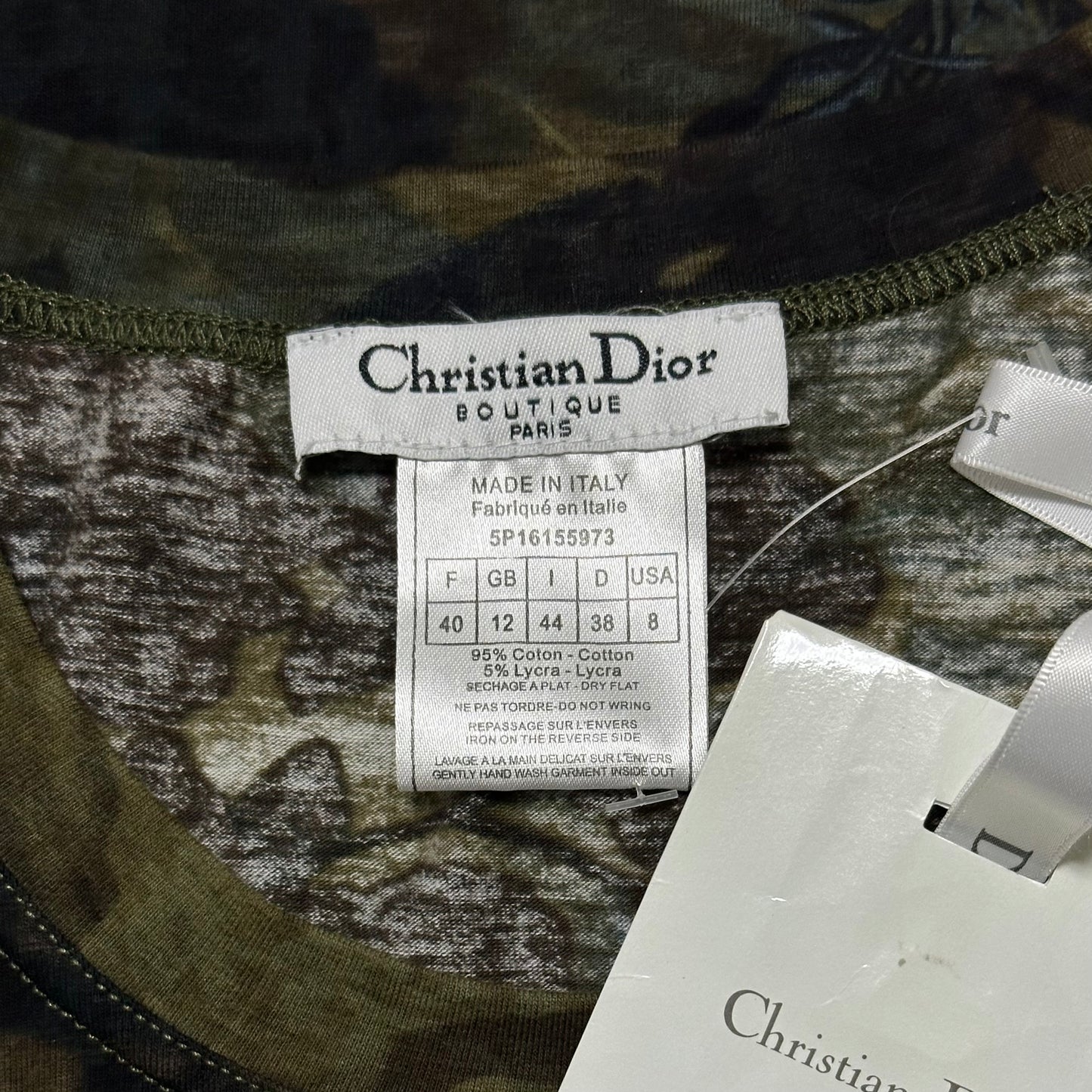 CHRISTIAN DIOR Spring Summer 2005 Camouflage Print Floral Embroidered T-Shirt with Broach