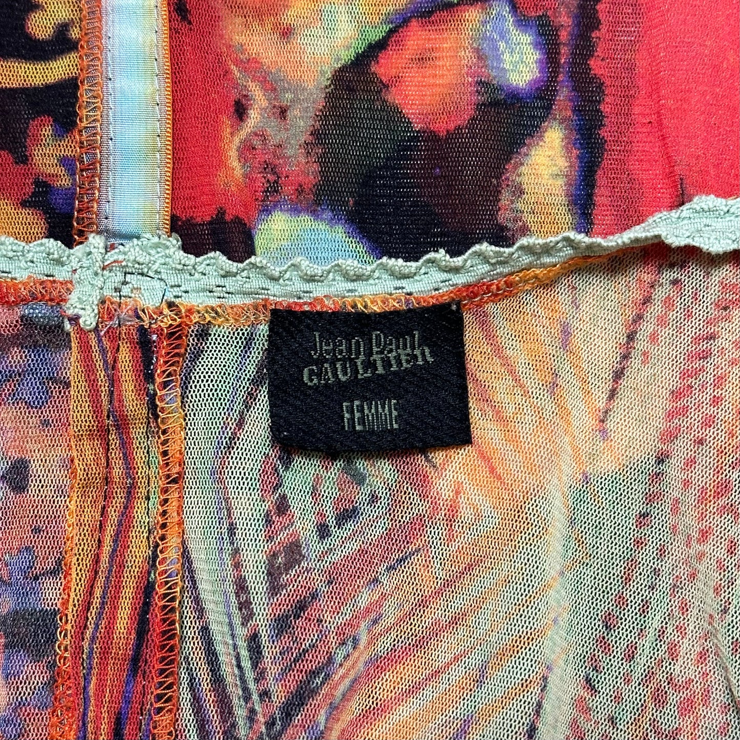 JEAN PAUL GAULTIER Spring Summer 2000 Psychedelic Print Mesh Frill Trim Top