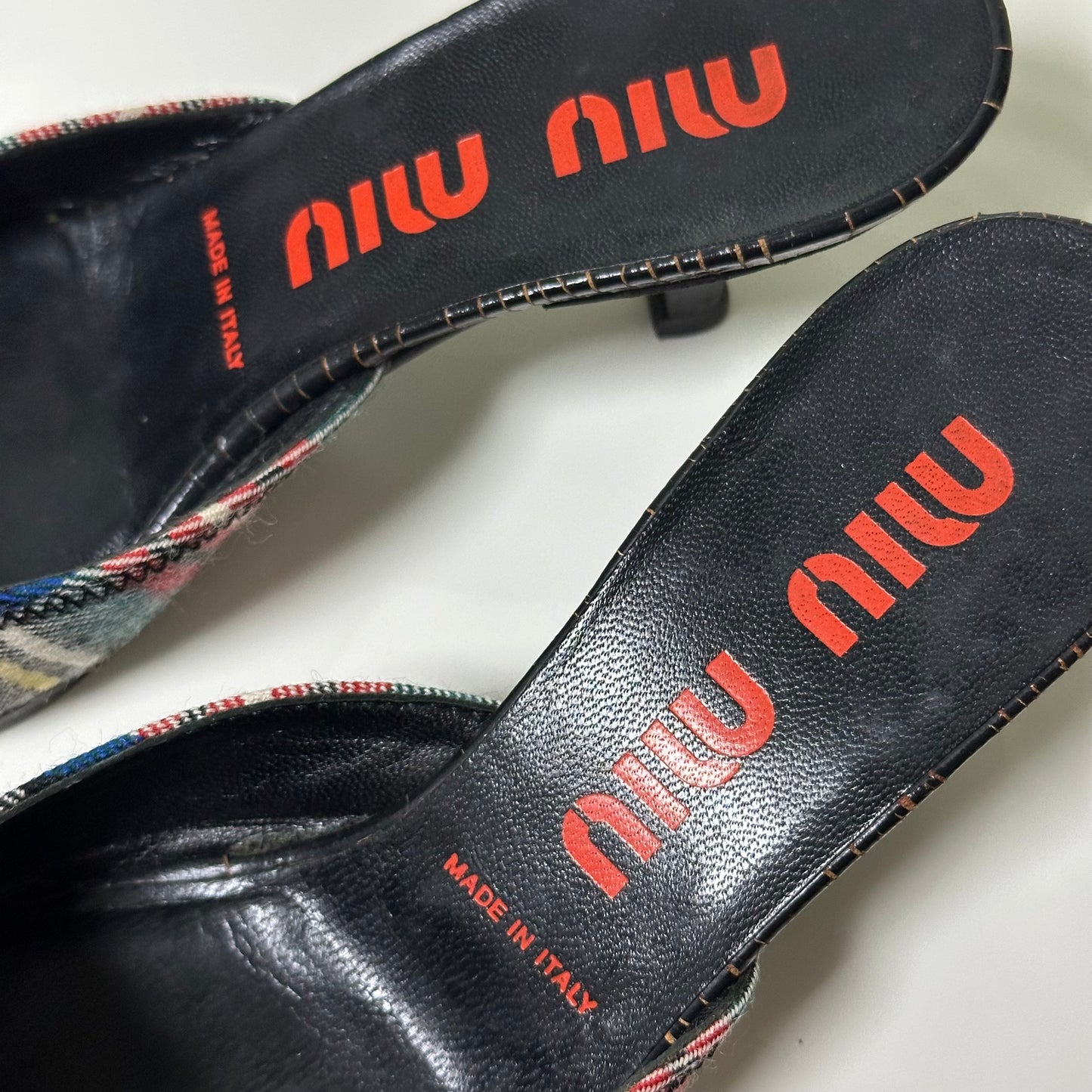 MIU MIU Cracked Leather Checkered Mules