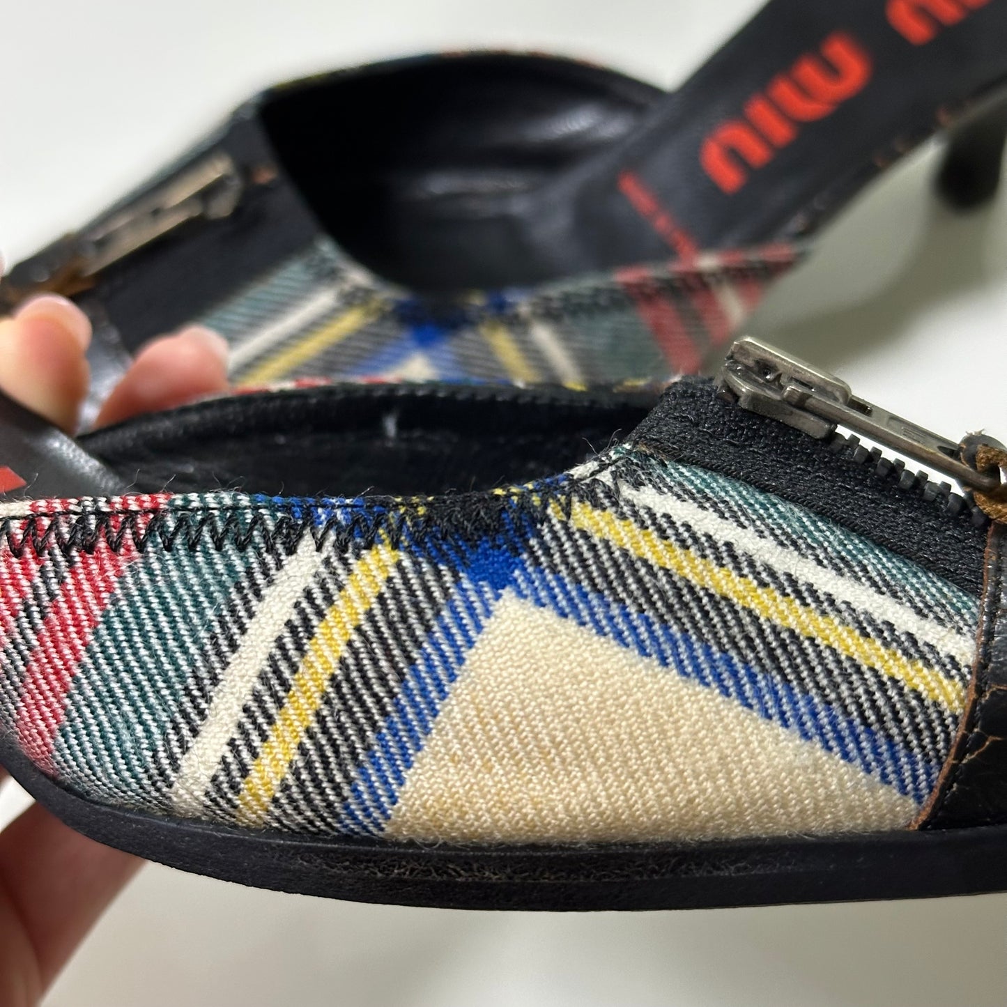 MIU MIU Cracked Leather Checkered Mules