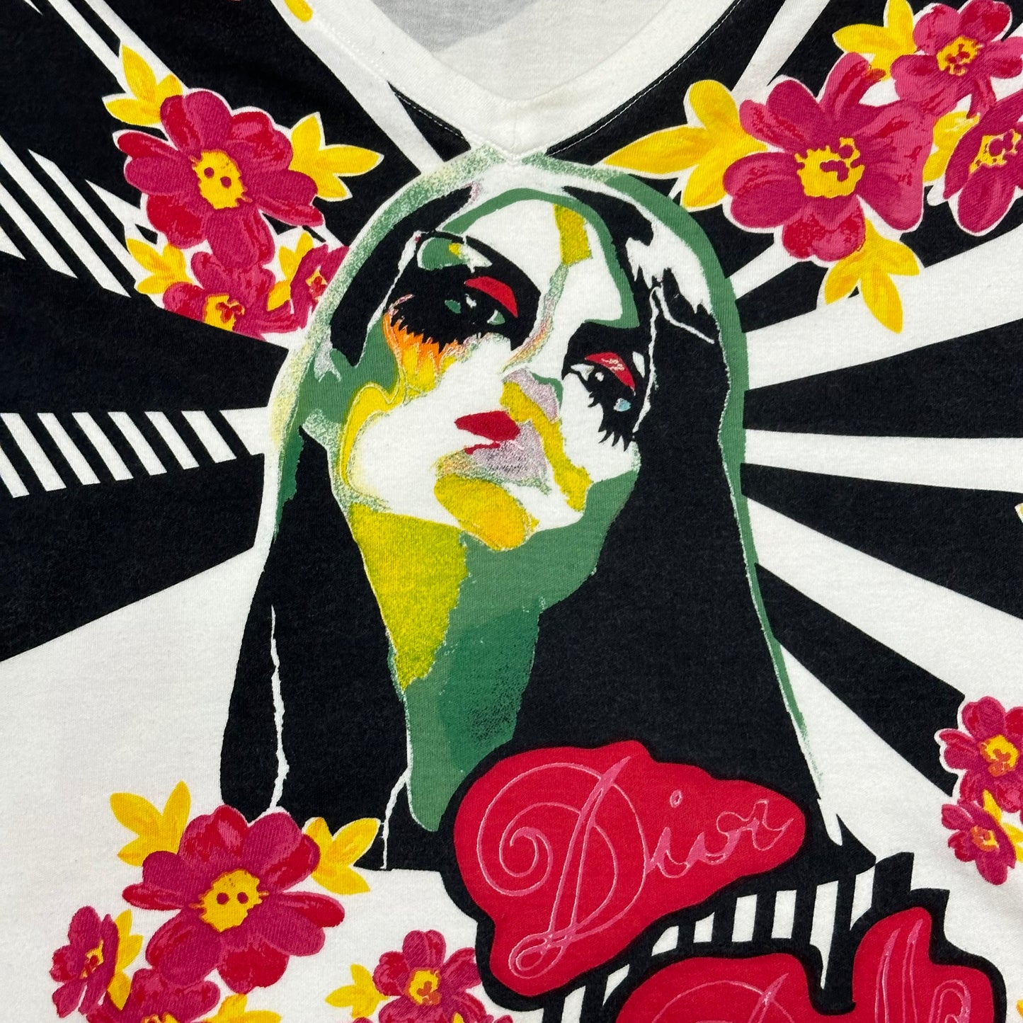 CHRISTIAN DIOR Spring Summer 2004 Dior Dolls Striped Floral V-neck T-Shirt