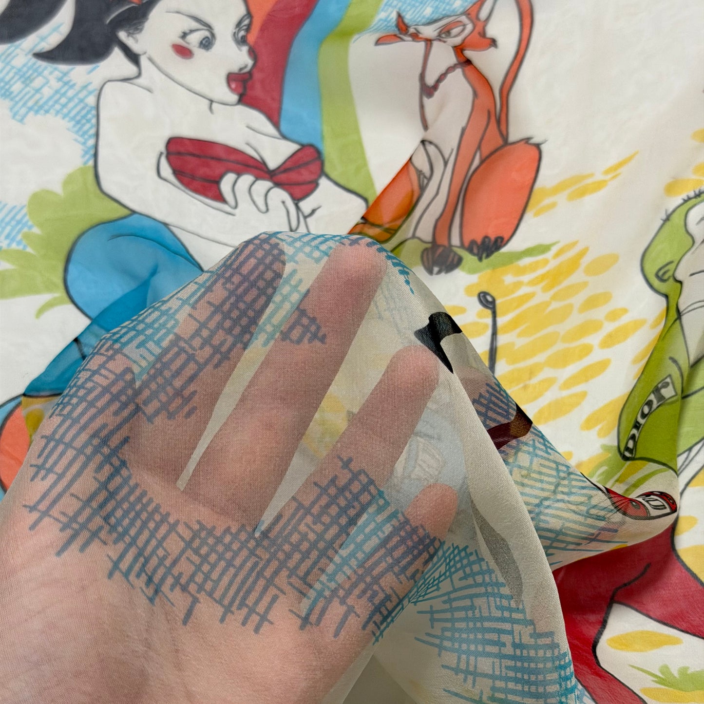 CHRISTIAN DIOR Spring Summer 2002 Rainbow Cartoon Print Silk Scarf