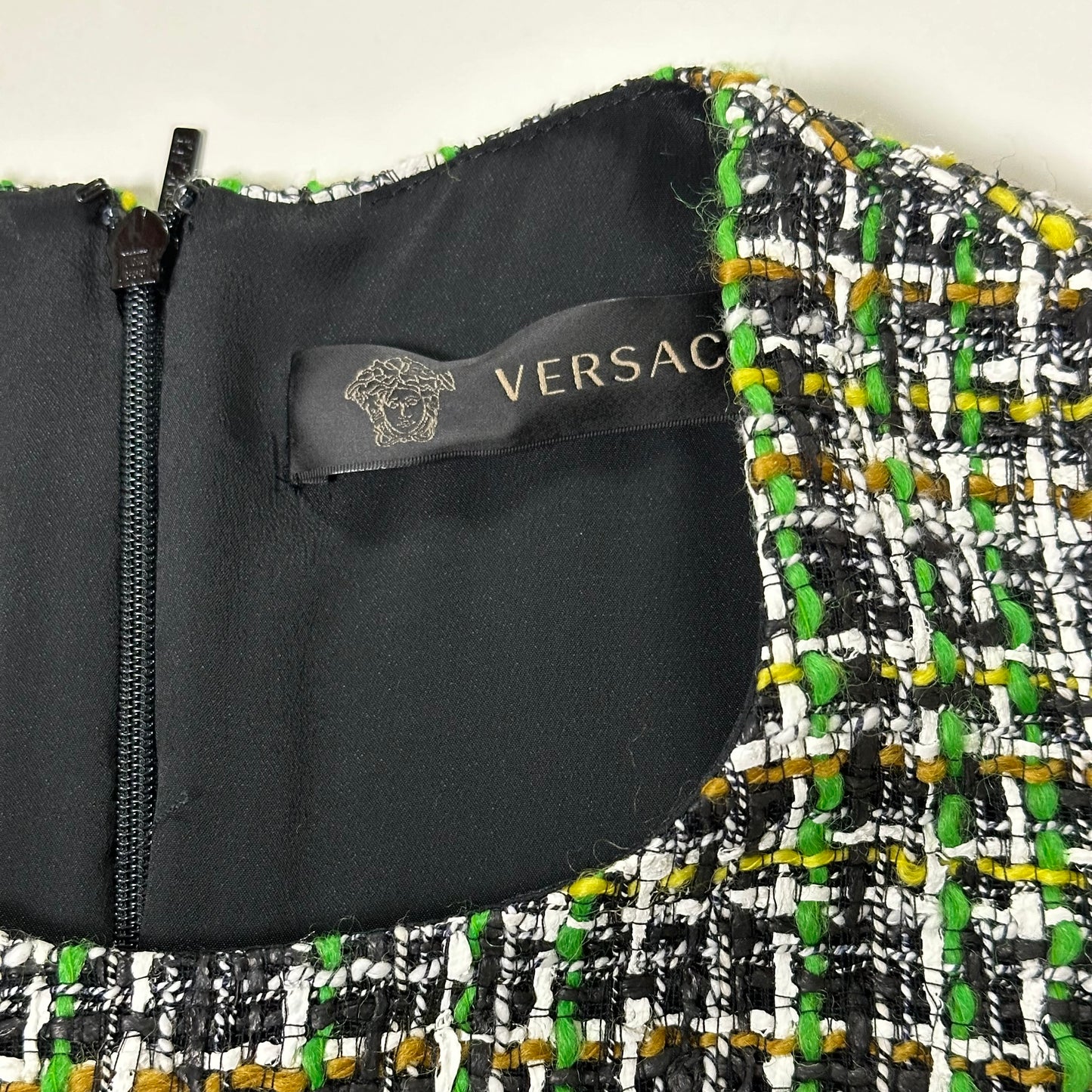 VERSACE Resort 2020 Studded Leather Tweed Mini Dress