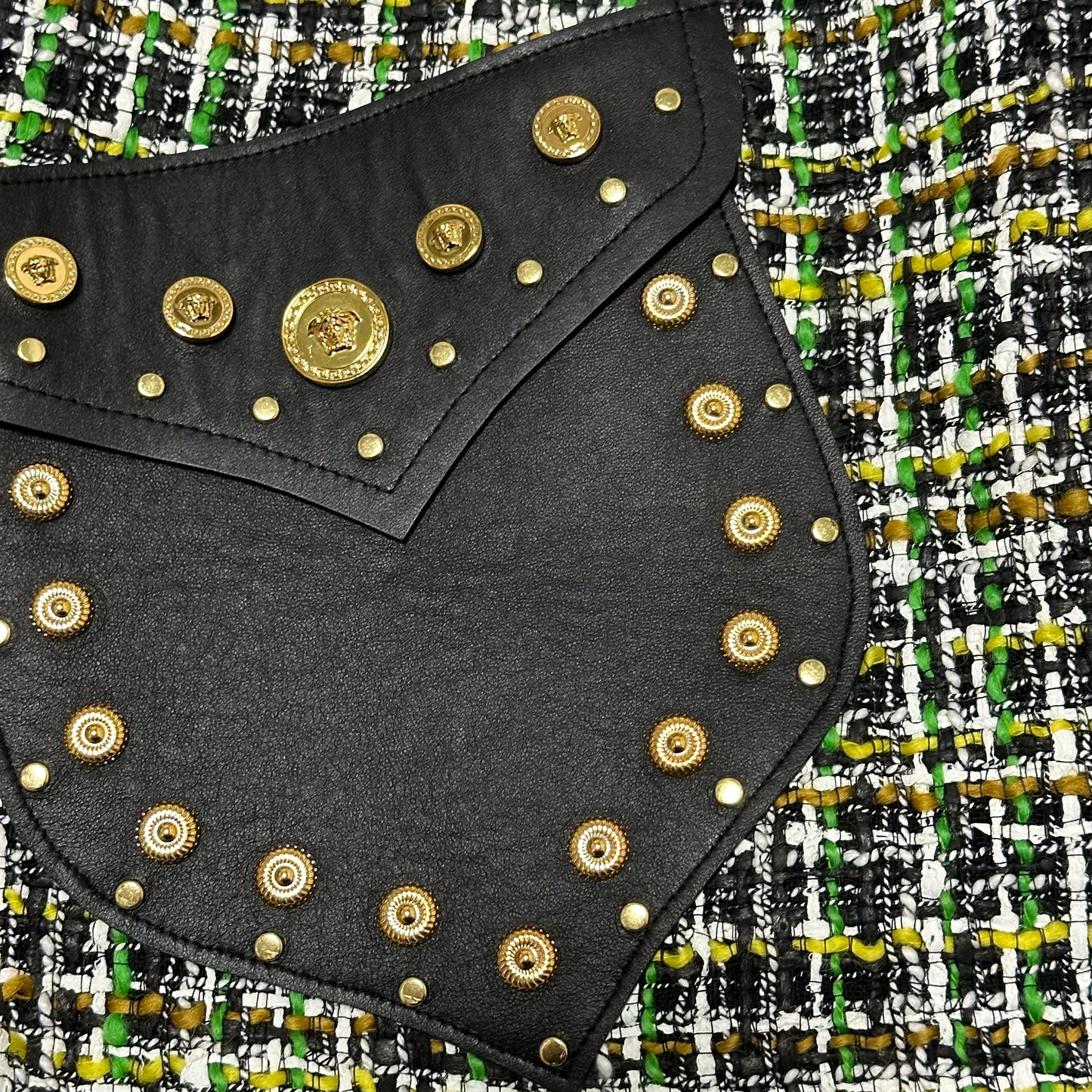 VERSACE Resort 2020 Studded Leather Tweed Mini Dress