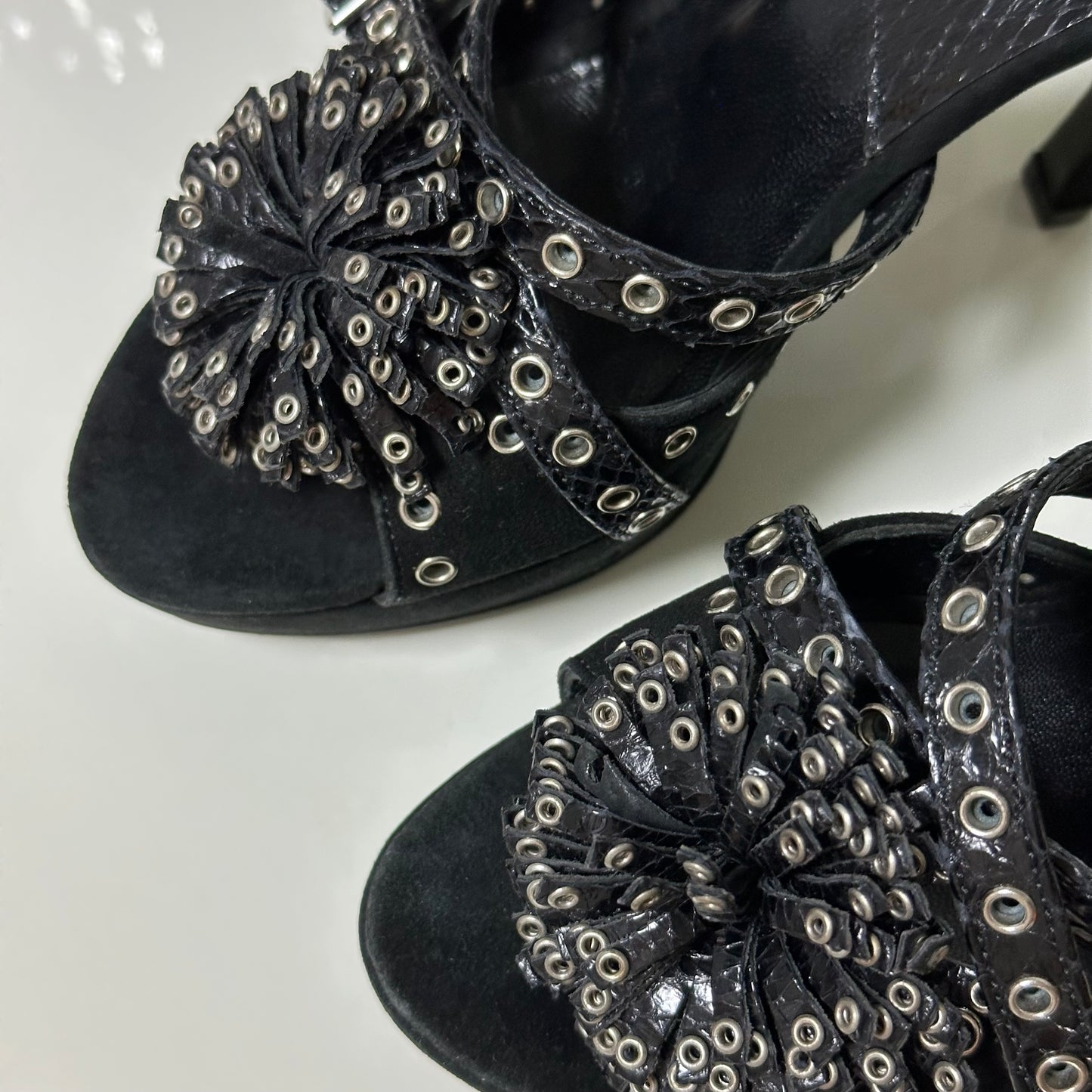 CHRISTIAN DIOR Spring Summer 2003 Suede & Python Grommet Flower Platform Heel Sandals