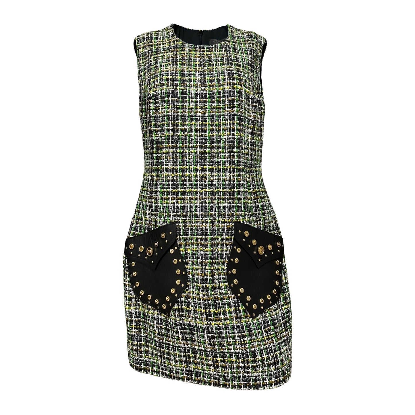 VERSACE Resort 2020 Studded Leather Tweed Mini Dress