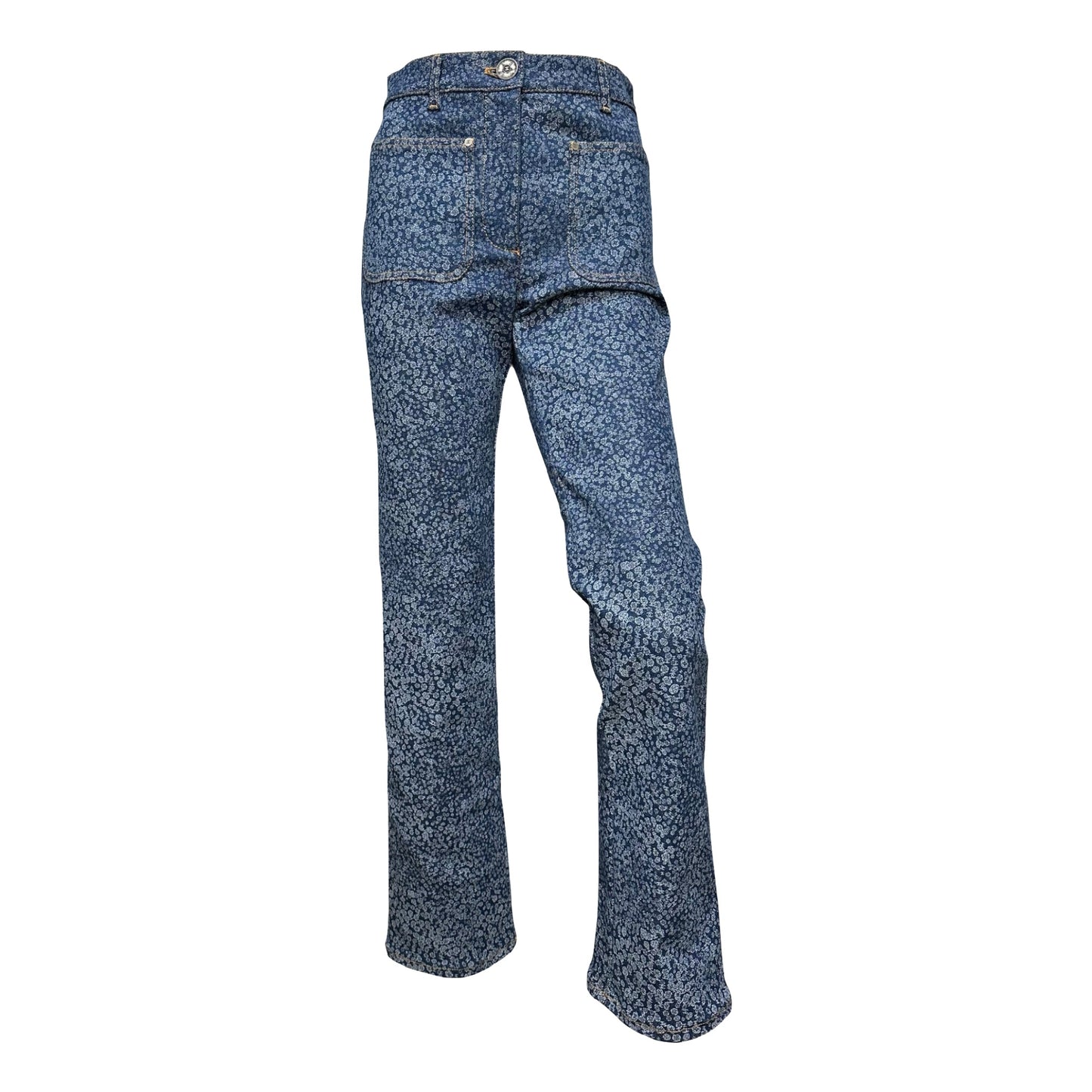 CHANEL Spring Summer 2021 CC Logo Floral Printed High Rise Denim Pants
