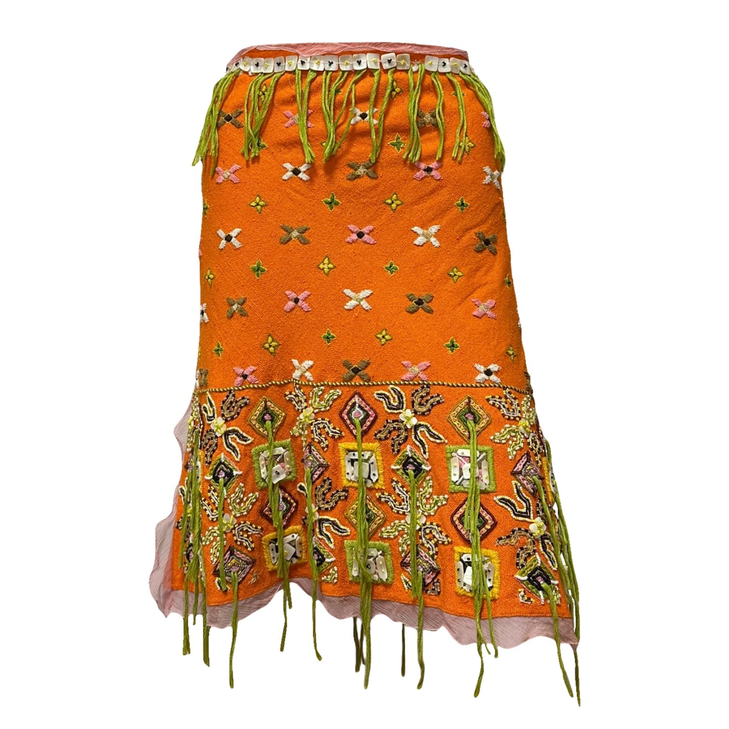 FENDI Spring Summer 2000 Floral Embroidered Fringe Beaded Chiffon Trim Midi Skirt