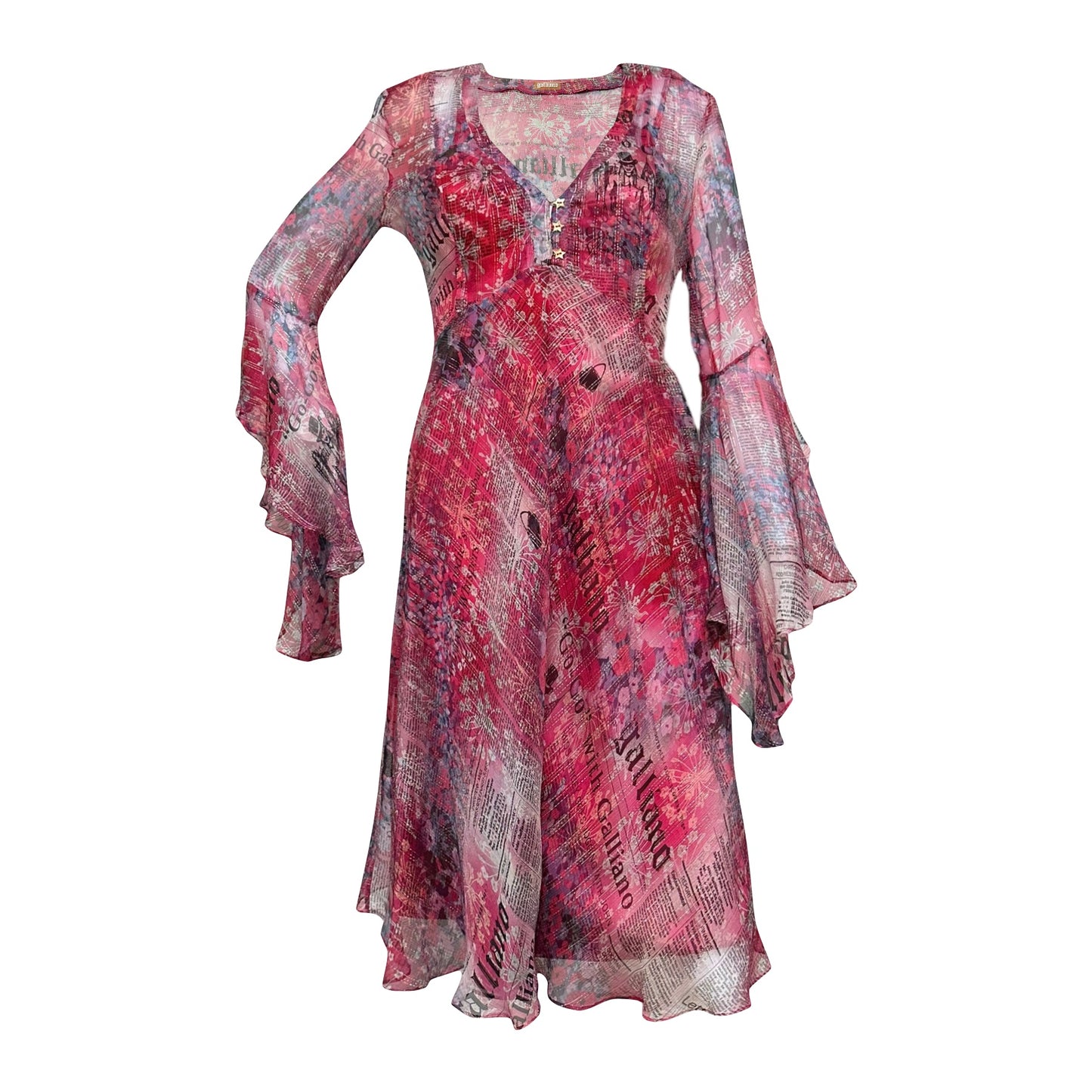 JOHN GALLIANO Floral Newspaper Print Sheer Midi Dress