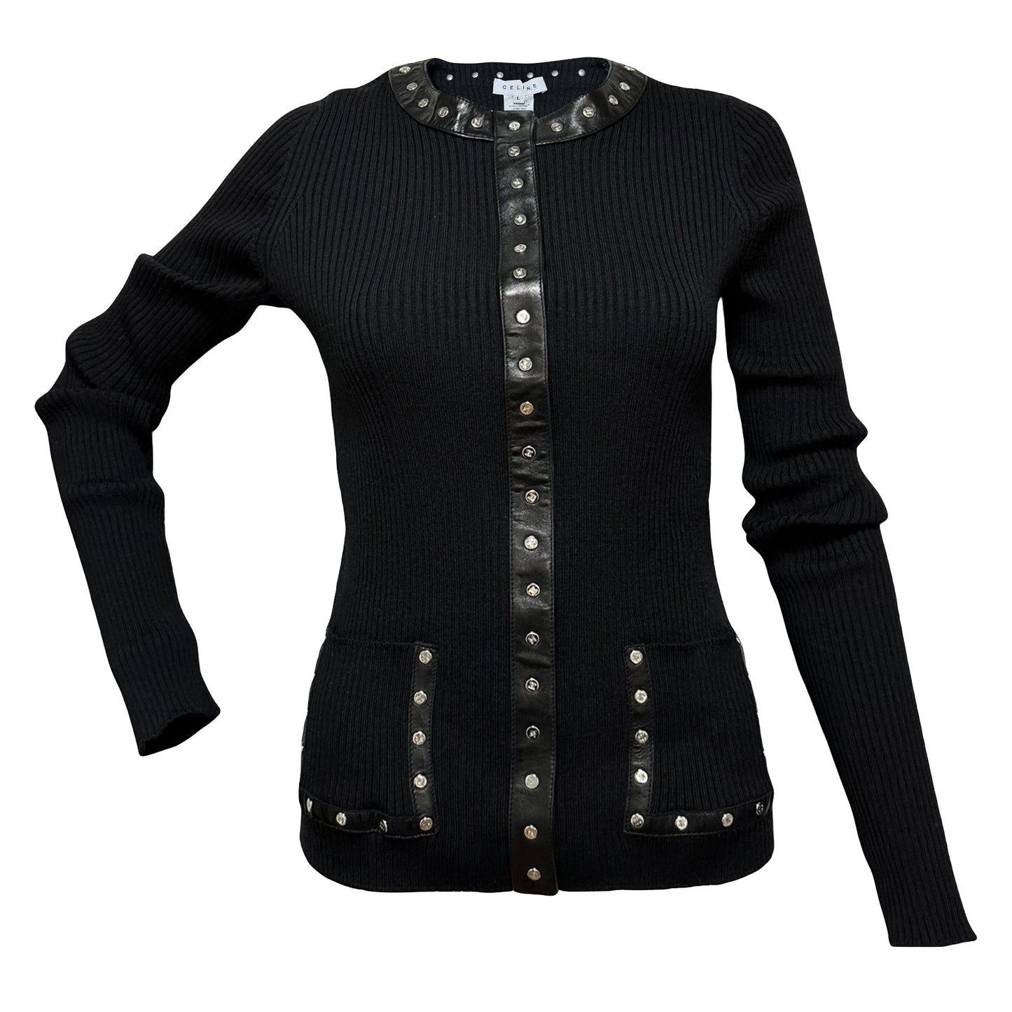 CELINE Studded Leather Trim Ribbed Knit Cardigan