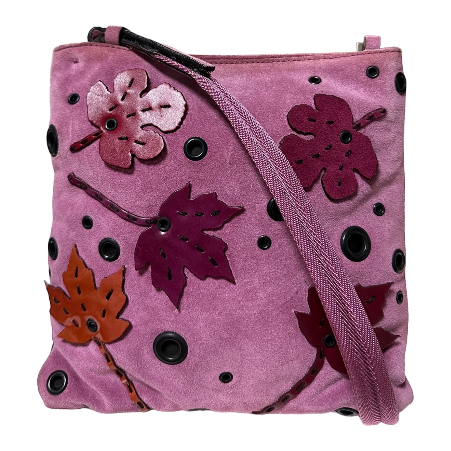 PRADA Fall Winter 1999 Appliqué Leaves Suede and Mesh Shoulder Bag