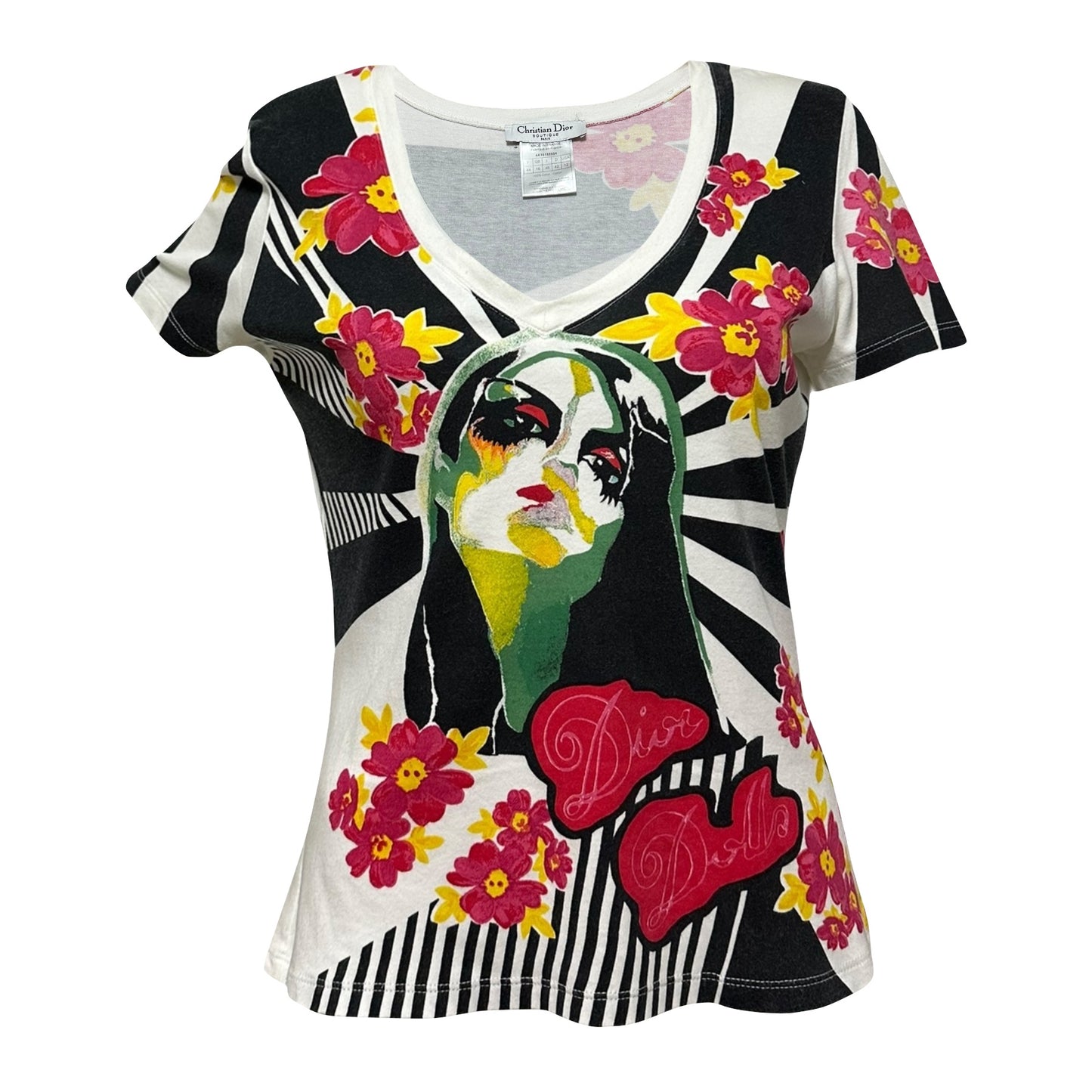 CHRISTIAN DIOR Spring Summer 2004 Dior Dolls Striped Floral V-neck T-Shirt