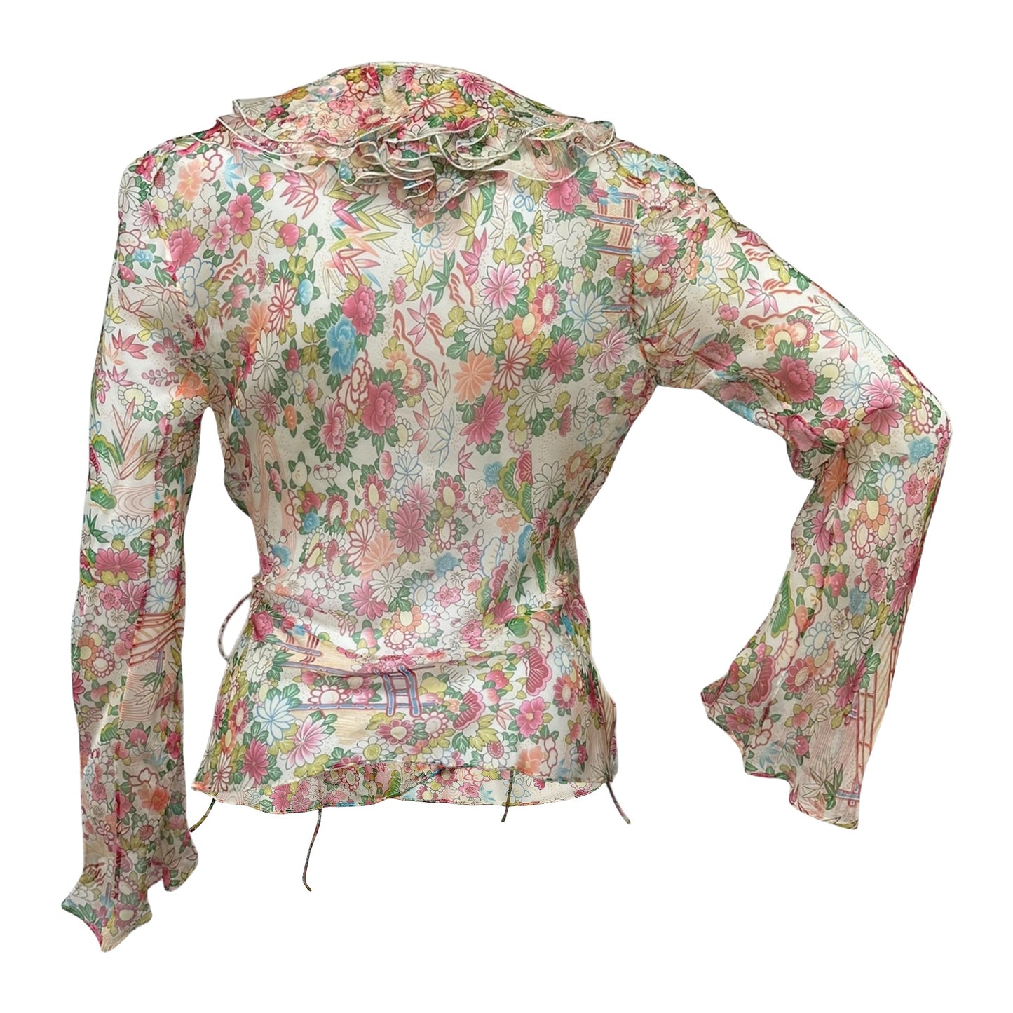 CHRISTIAN DIOR Spring Summer 2002 Floral Print Silk Chiffon Wrap Shirt