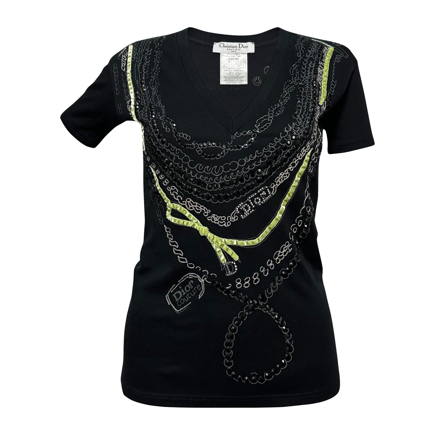 CHRISTIAN DIOR Fall Winter 2004 Couture Embellished Necklace Detail V-neck T-Shirt
