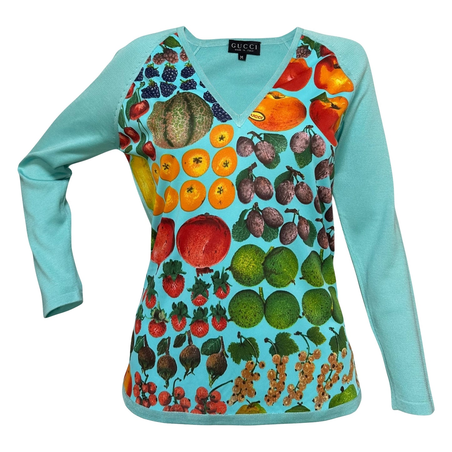 GUCCI Spring Summer 1996 Fruit Print V-neck Knit Pullover