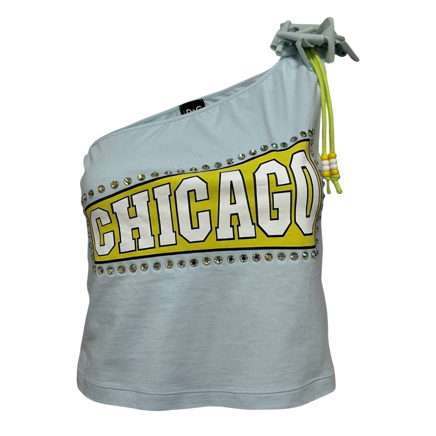 D&G "CHICAGO" Print Rhinestone One Shoulder Top