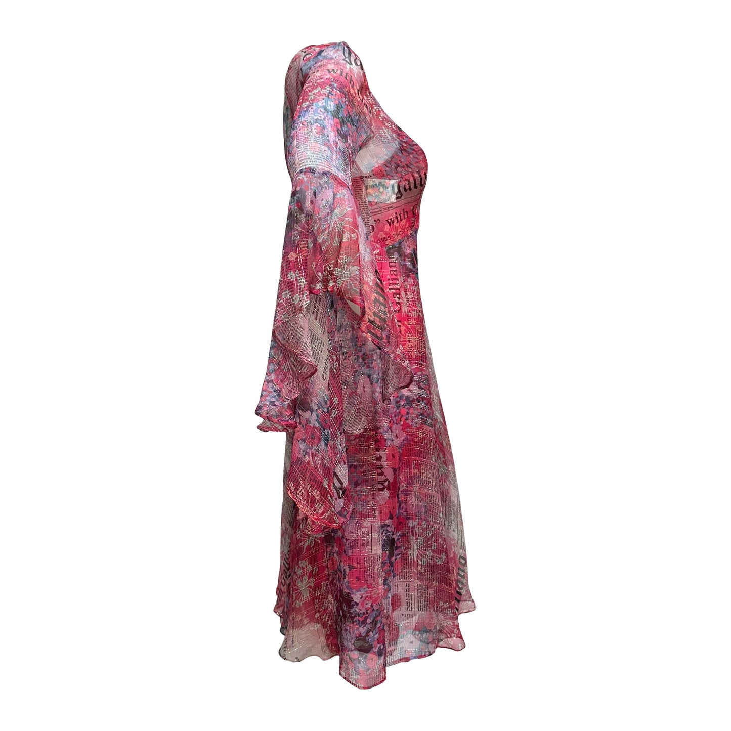 JOHN GALLIANO Floral Newspaper Print Sheer Midi Dress