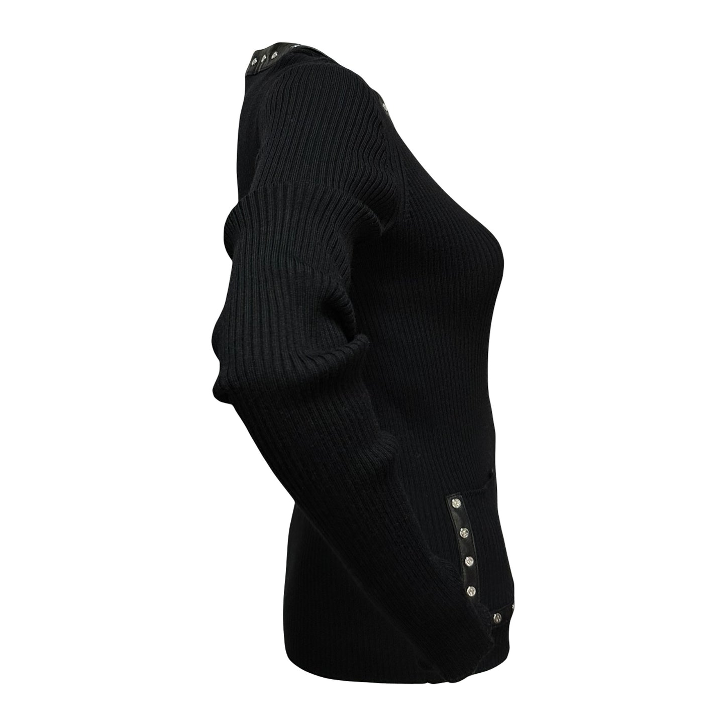 CELINE Studded Leather Trim Ribbed Knit Cardigan