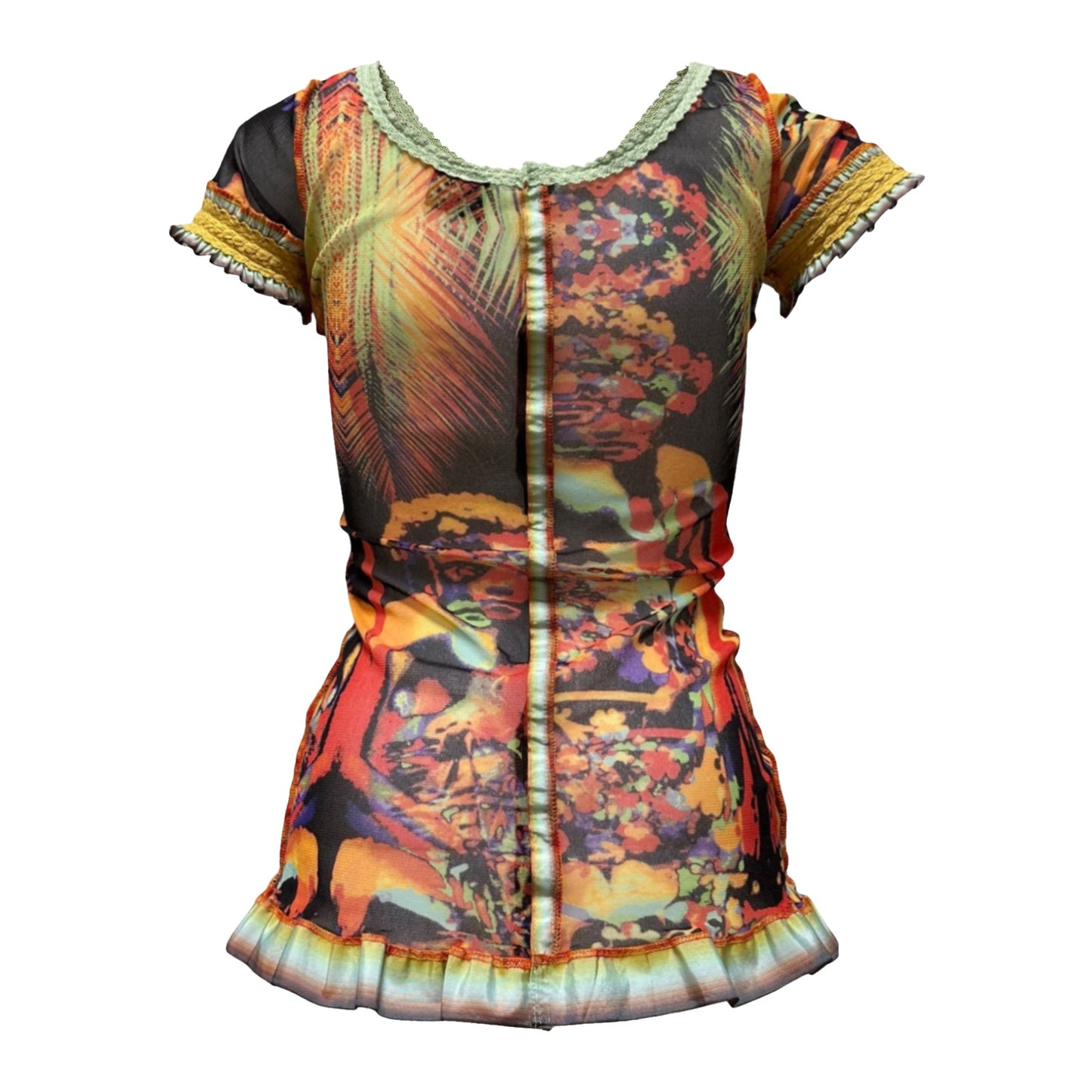 JEAN PAUL GAULTIER Spring Summer 2000 Psychedelic Print Mesh Frill Trim Top