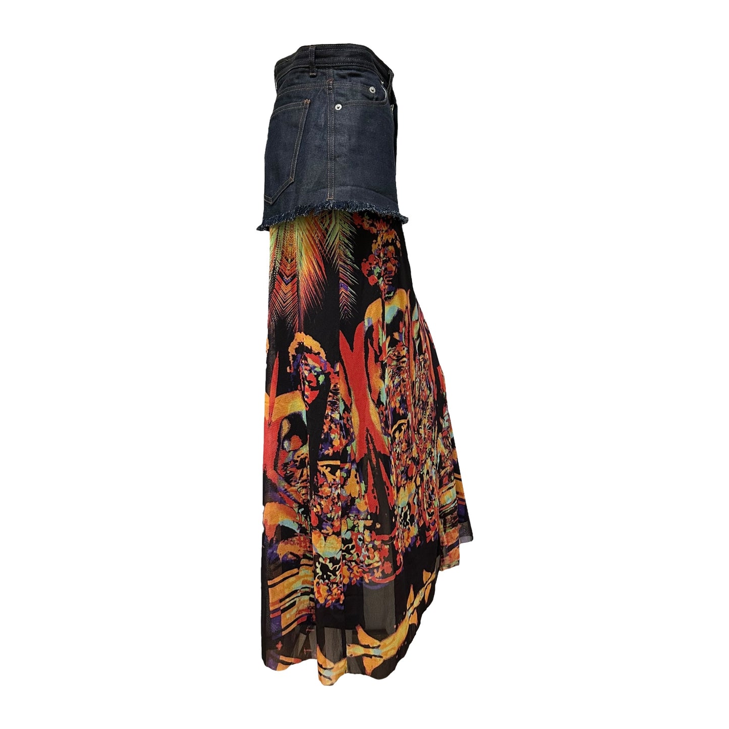 JEAN PAUL GAULTIER Spring Summer 2000 Psychedelic Print Mesh Denim Long Skirt