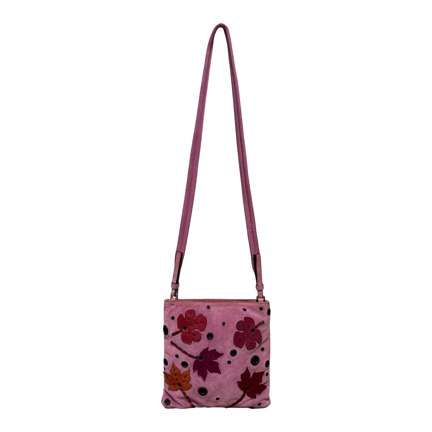 PRADA Fall Winter 1999 Appliqué Leaves Suede and Mesh Shoulder Bag