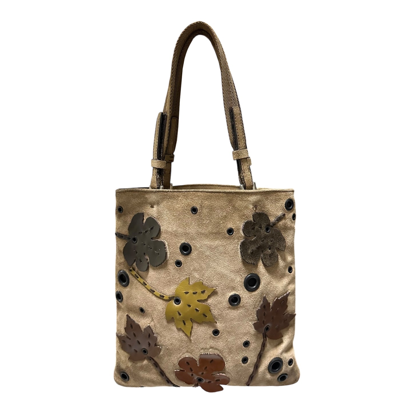 PRADA Fall Winter 1999 Appliqué Leaves Suede and Mesh Hand Bag