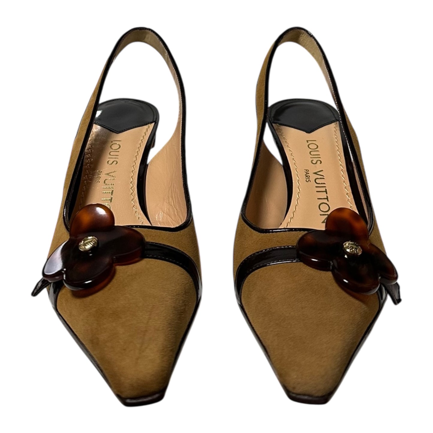 LOUIS VUITTON Tortoiseshell Flower Motif Suede Leather Slingback Sandals