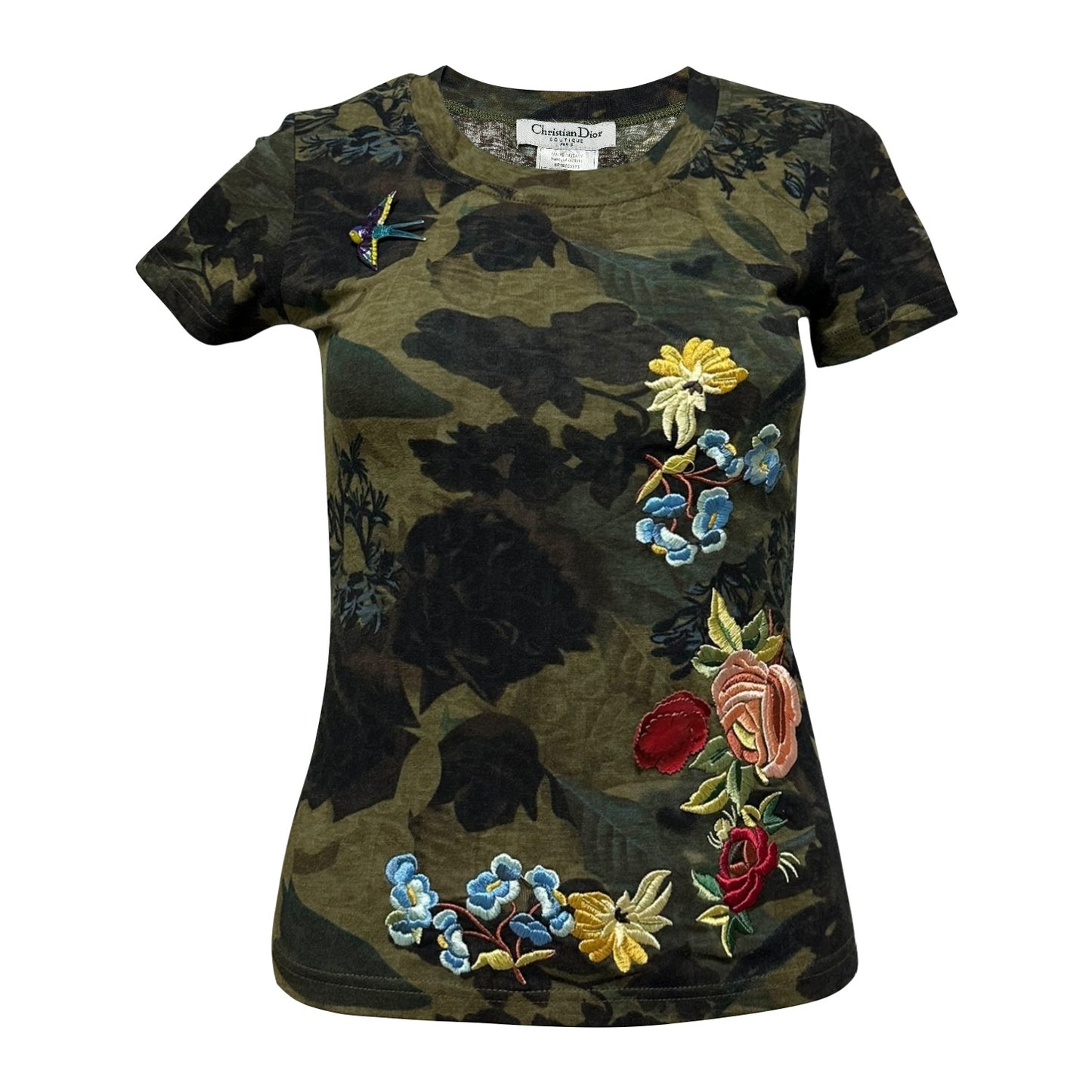 CHRISTIAN DIOR Spring Summer 2005 Camouflage Print Floral Embroidered T-Shirt with Broach