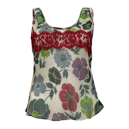 CHRISTIAN DIOR Fall Winter 2001 Floral Print Silk Tank Top with Lace Panel