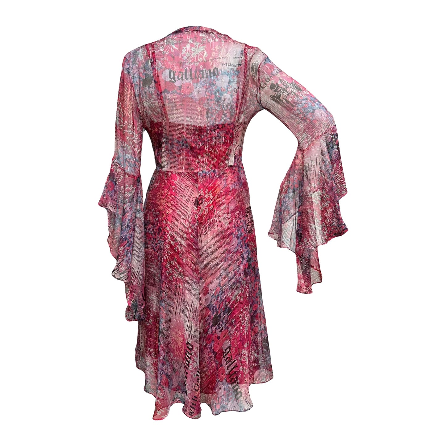 JOHN GALLIANO Floral Newspaper Print Sheer Midi Dress