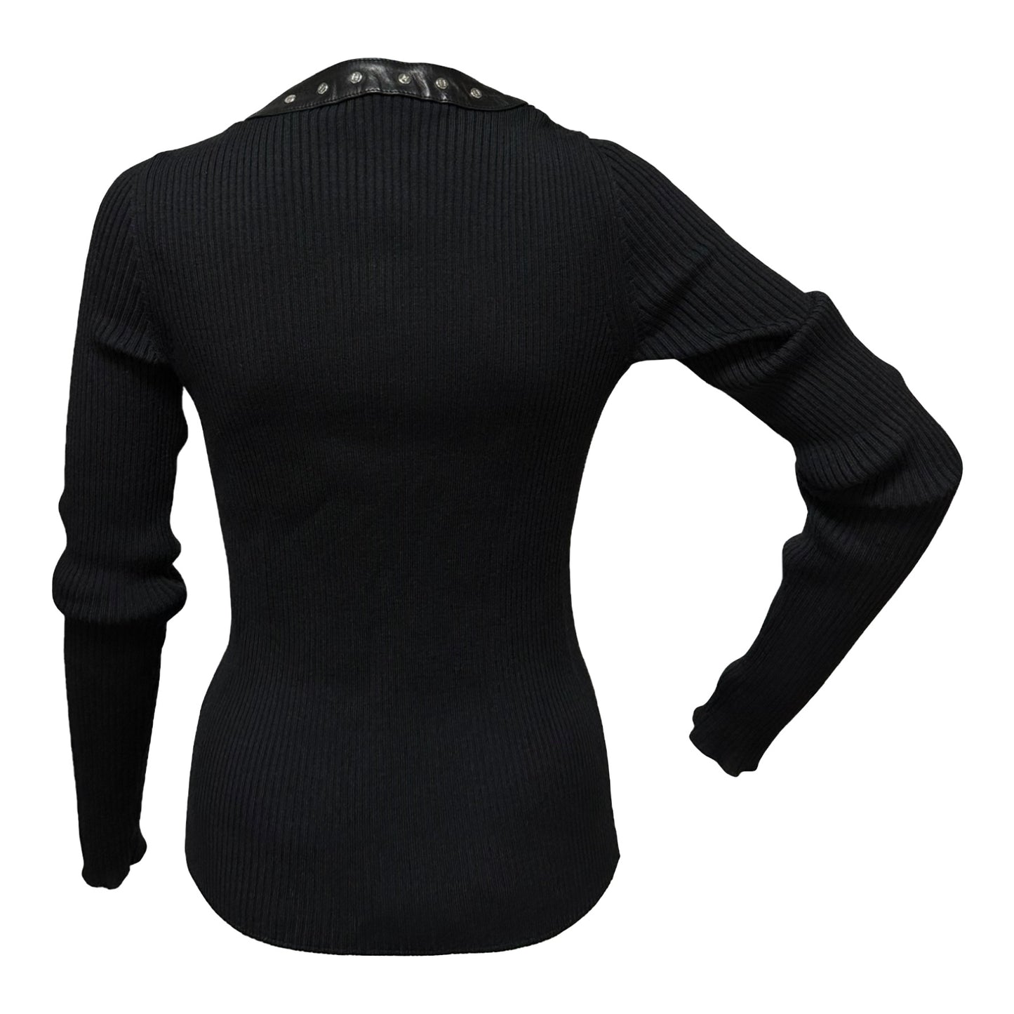 CELINE Studded Leather Trim Ribbed Knit Cardigan