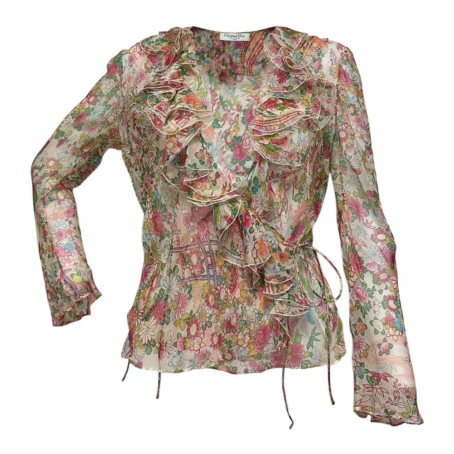 CHRISTIAN DIOR Spring Summer 2002 Floral Print Silk Chiffon Wrap Shirt