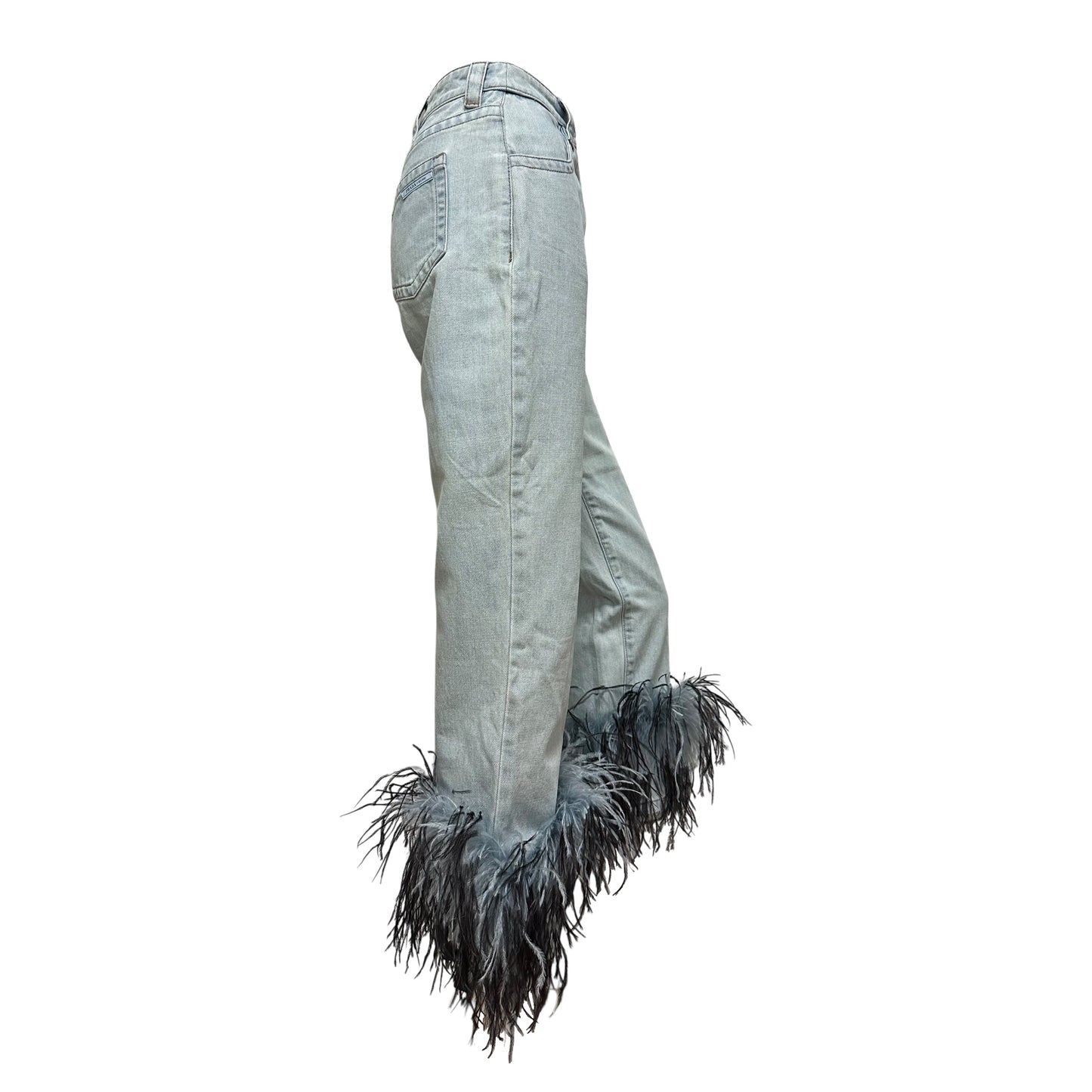 PRADA Spring Summer 2017 Ostrich Feather Trim Denim Pants