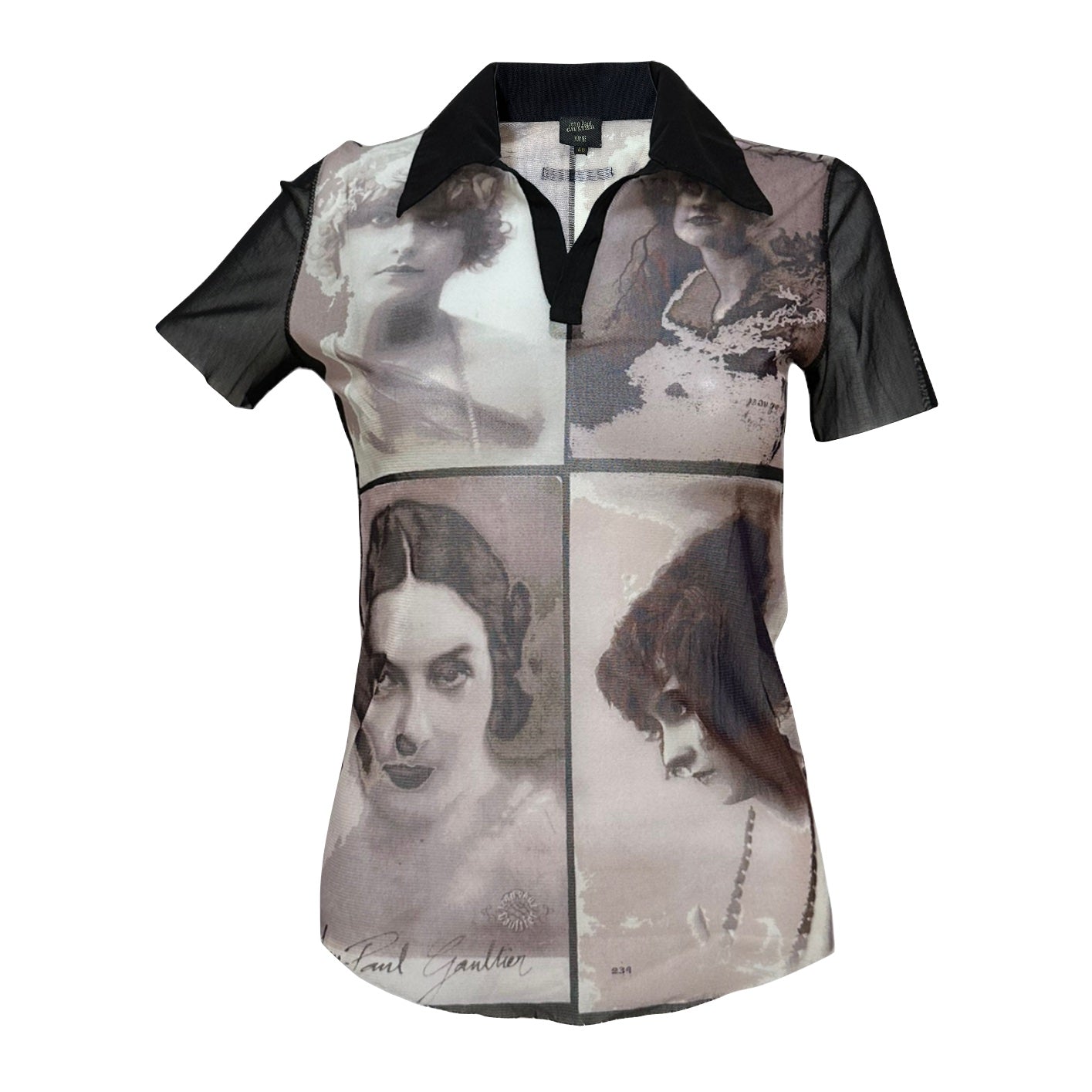 JEAN PAUL GAULTIER Spring Summer 2002 Portrait Photo Print Mesh Polo Shirt