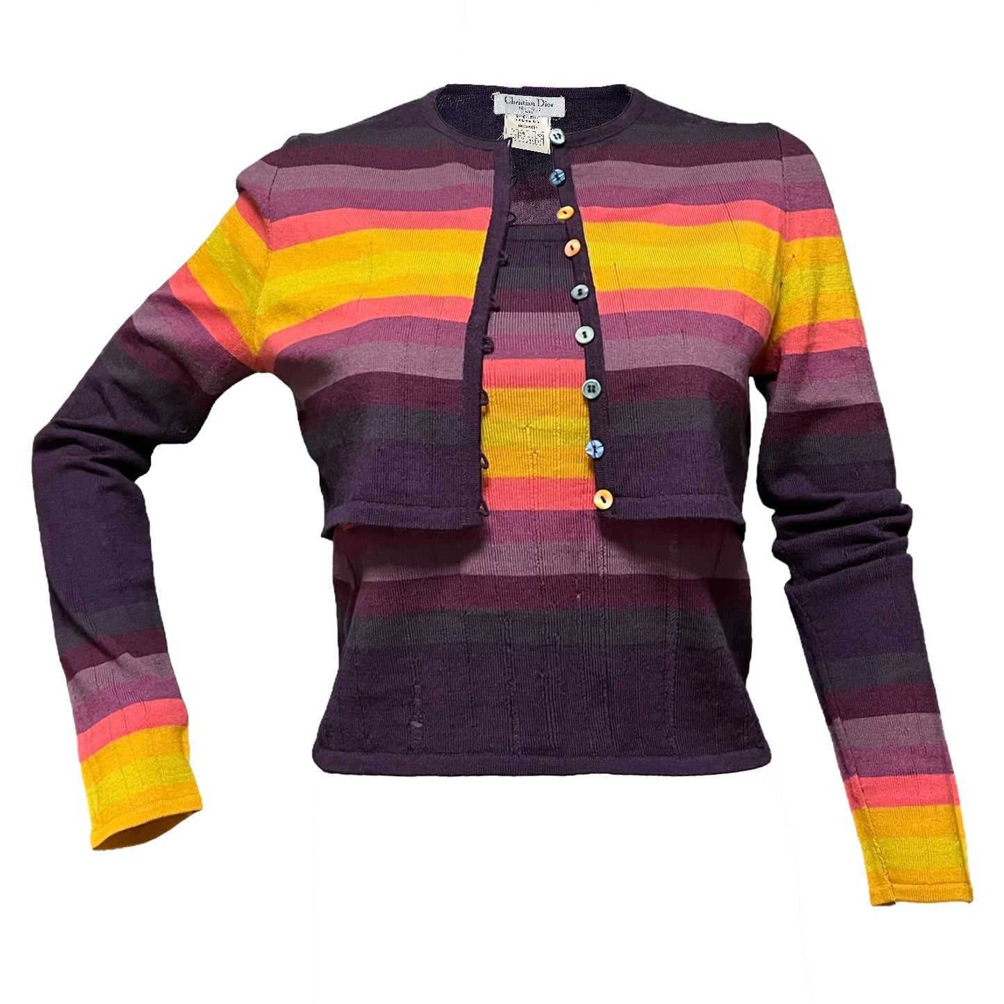 CHRISTIAN DIOR Fall Winter 2001 Striped Print Knit Cropped Cardigan and Bustier Top Set
