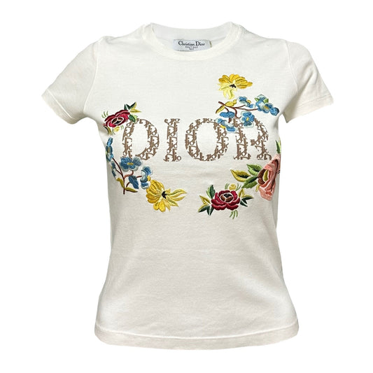 CHRISTIAN DIOR Spring Summer 2005 Diorissimo Floral Embroidered "DIOR" Trotter Logo T-Shirt