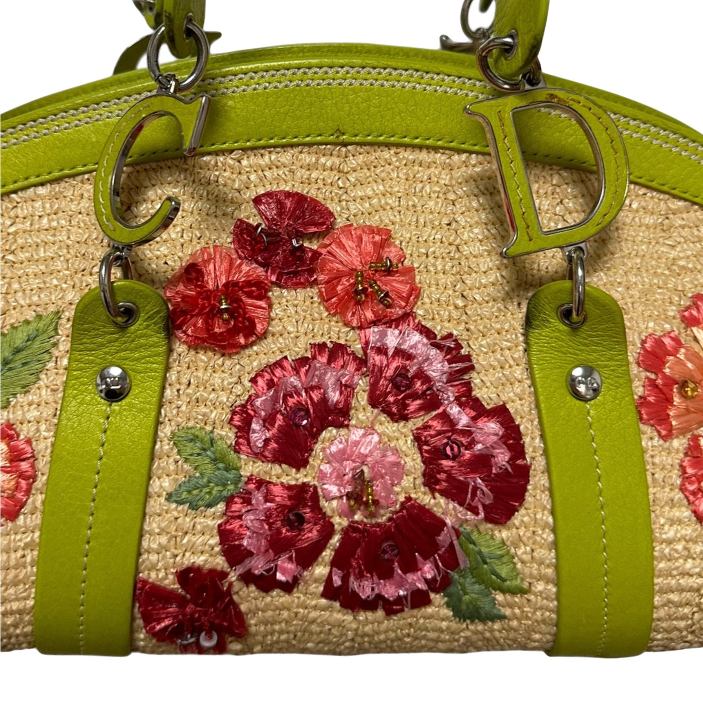 CHRISTIAN DIOR Spring Summer 2005 Floral Straw Raffia Leather Handbag