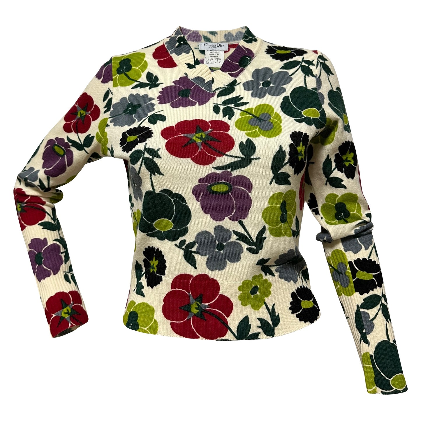 CHRISTIAN DIOR Fall Winter 2001 V-neck Floral Print Knit Sweater