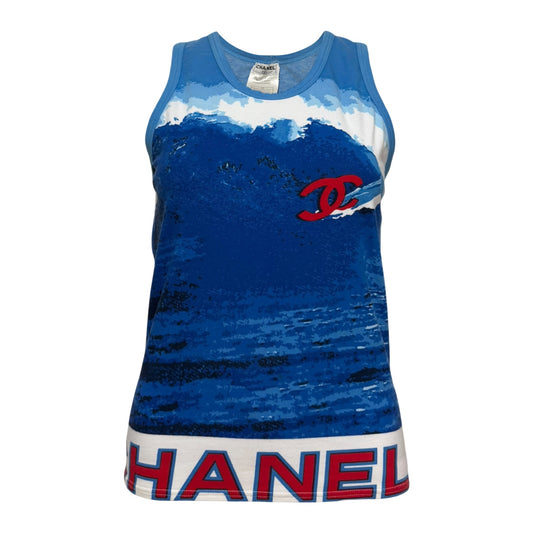 CHANEL Spring Summer 2002 Surf Line CC Logo Wave Print Tank Top