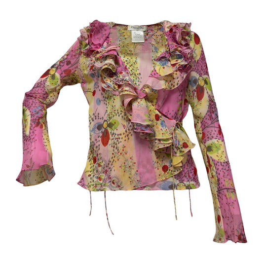 CHRISTIAN DIOR Spring Summer 2003 Floral Print Silk Ruffle Wrap Blouse