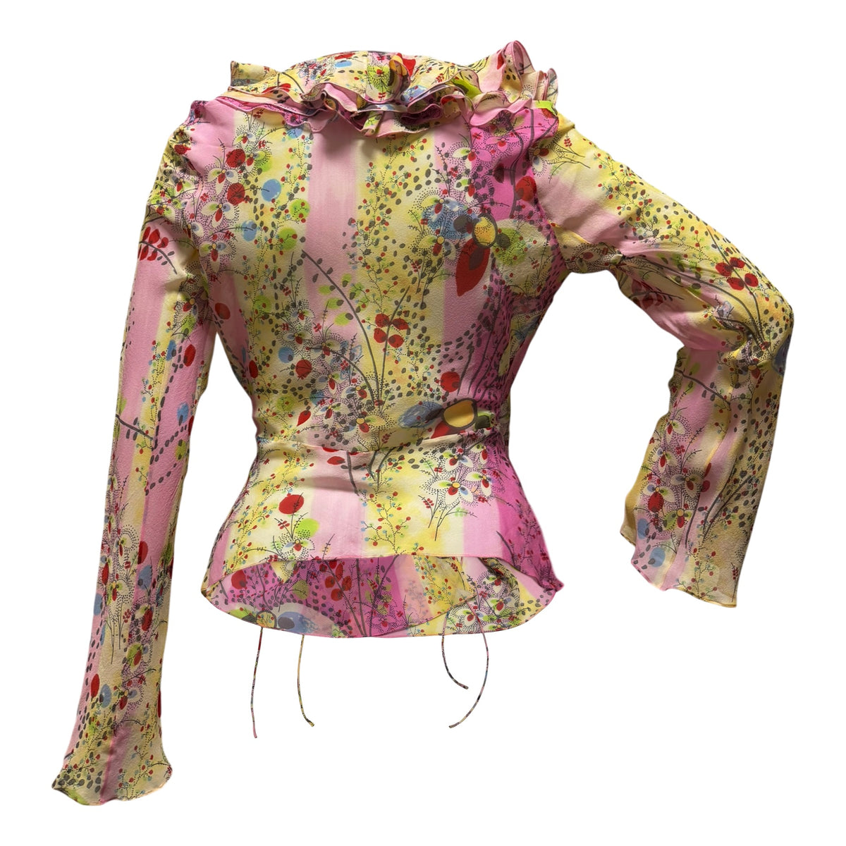 CHRISTIAN DIOR Spring Summer 2003 Floral Print Silk Ruffle Wrap Blouse